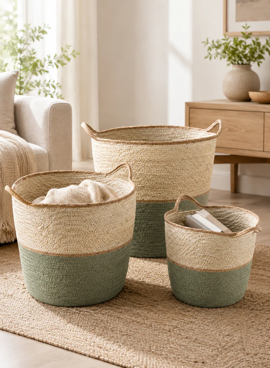 Bamboo Basket Set 3 Pieces – Natural & Green Woven Storage Baskets with Handles