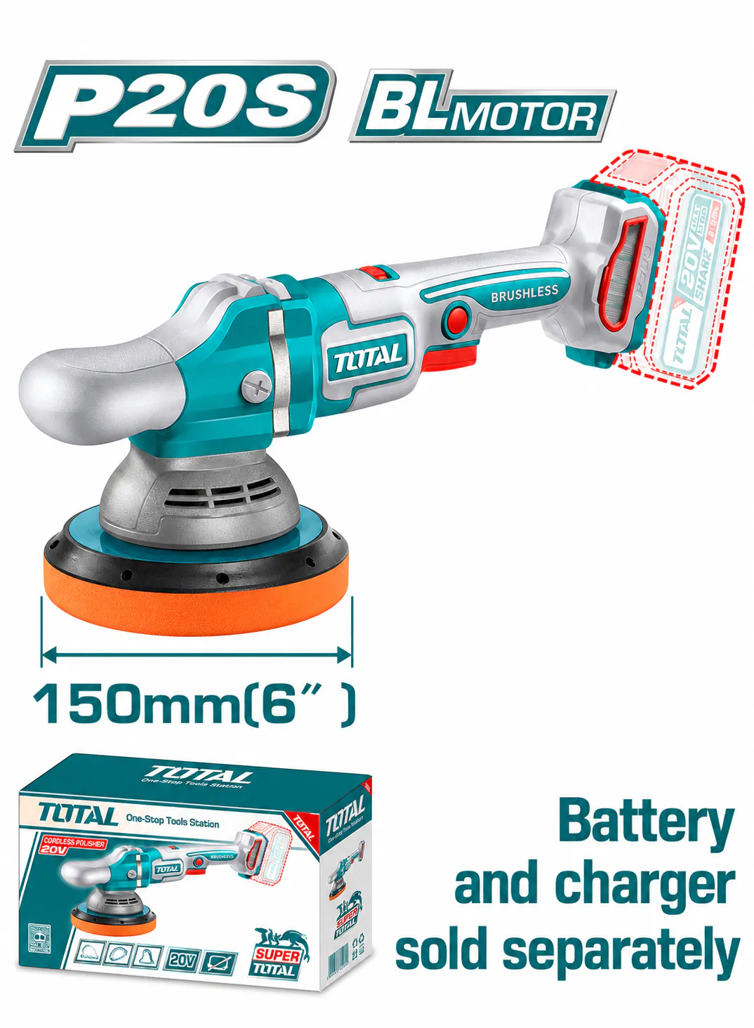 TOTAL 20V Brushless Cordless Car Polisher – 150mm (6") (Tool Only)