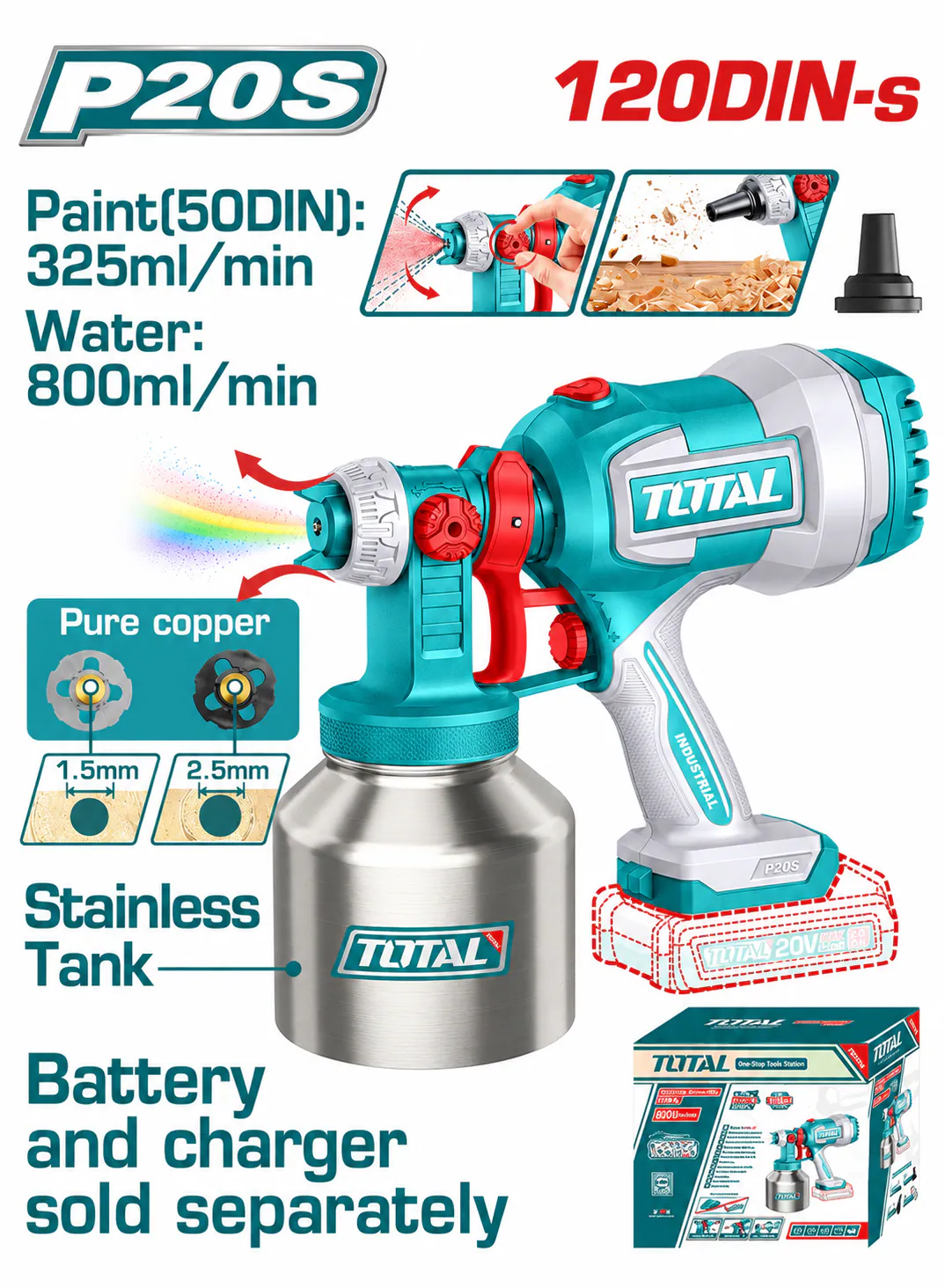 TOTAL 20V Cordless Paint Spray Gun – 120 DIN-s – Stainless Steel Tank – P20S (Tool Only)