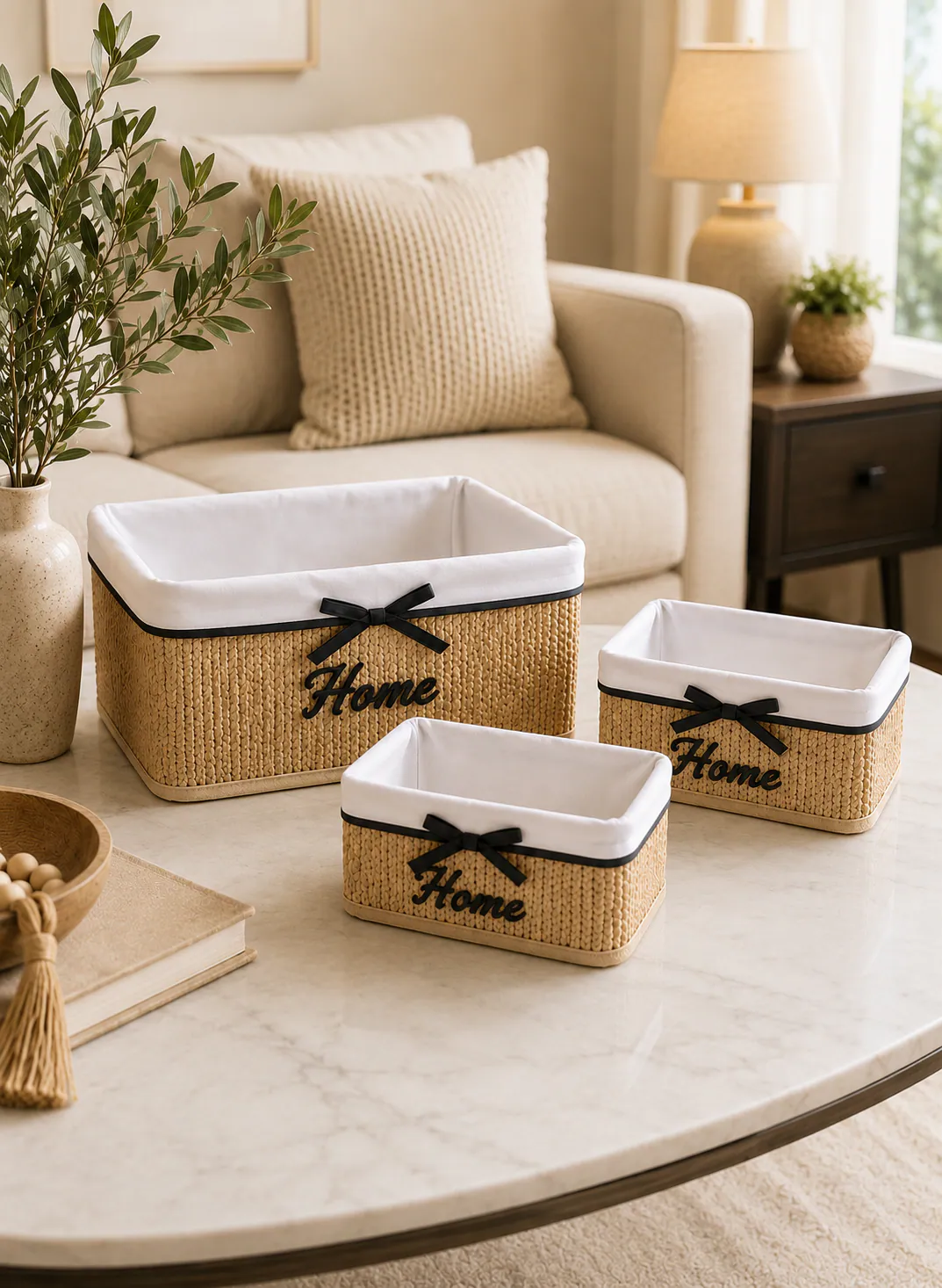 Bamboo Basket Set 3 Pieces – Natural Woven Storage Baskets with Fabric Lining