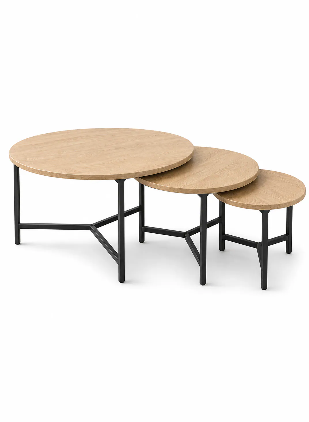3-Piece Round Turkish Wood Table Set – Natural Wood with Black Metal Legs