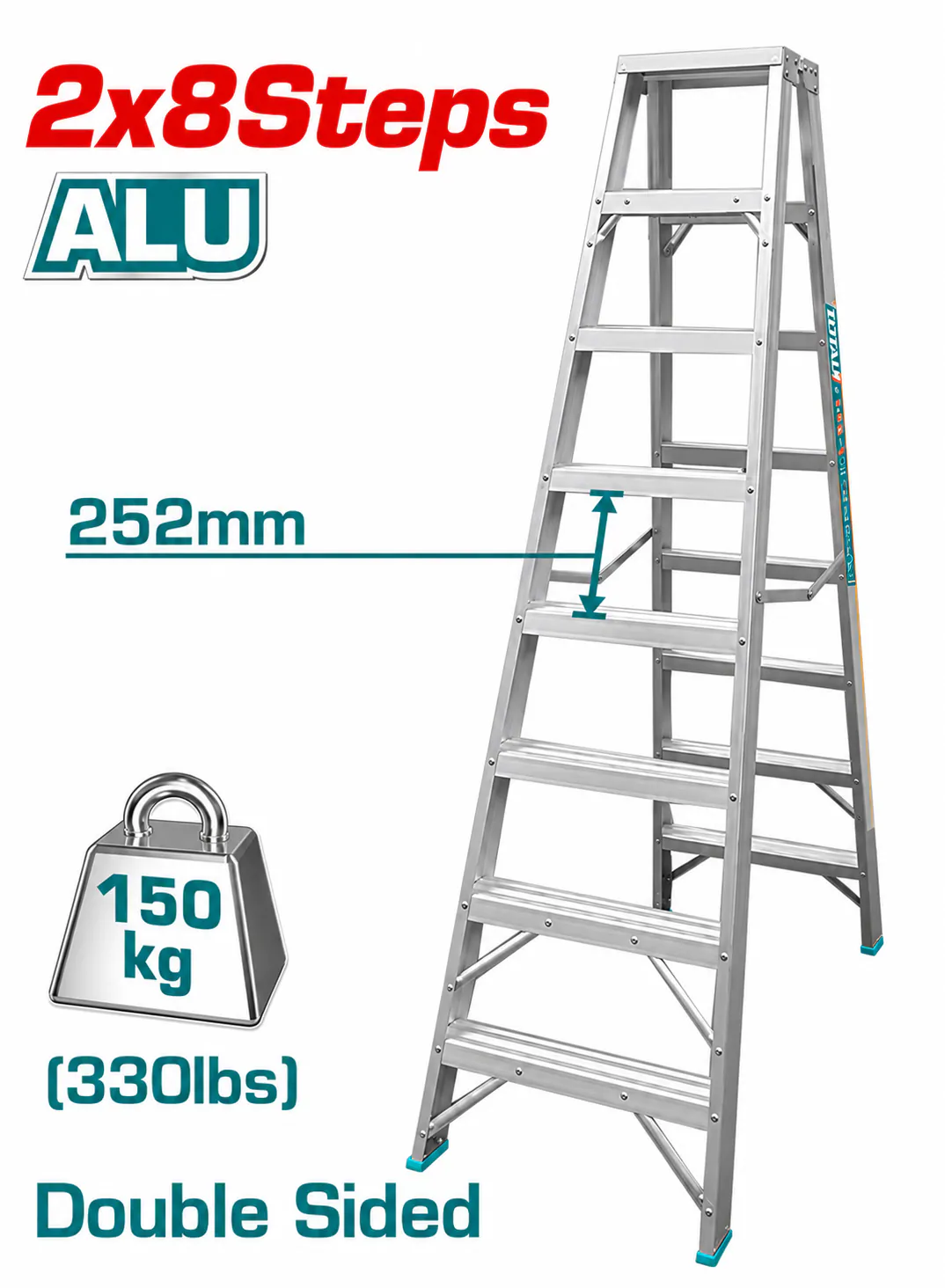 TOTAL 2×8-Step Double-Sided Aluminum Ladder – 16 Steps – 150kg (330lbs) Load Capacity – 252mm Step Spacing – Heavy-Duty A-Frame Ladder