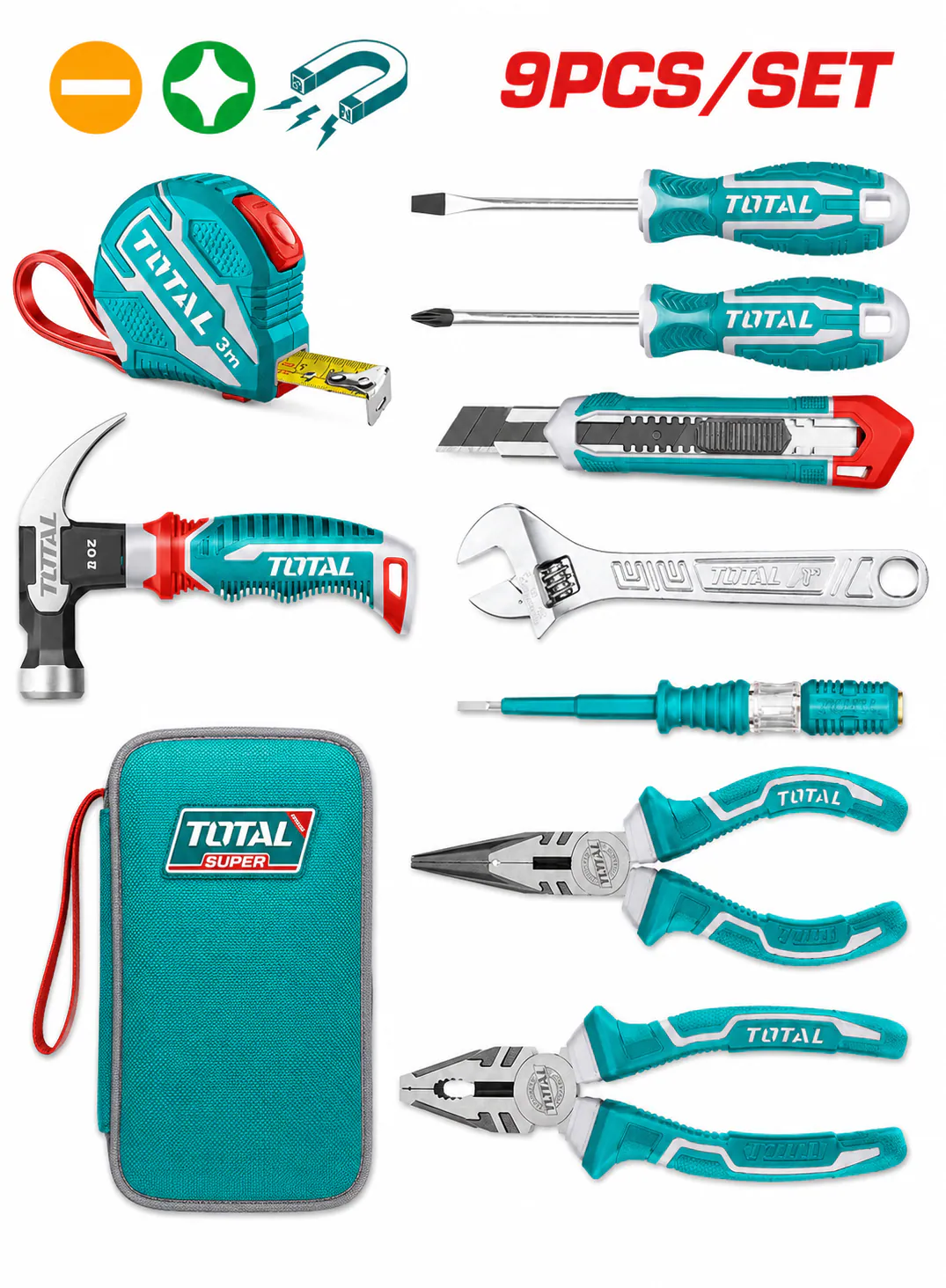 TOTAL 9-Piece Hand Tools Set with Measuring Tape, Pliers, Wrench, Screwdrivers & Canvas Bag