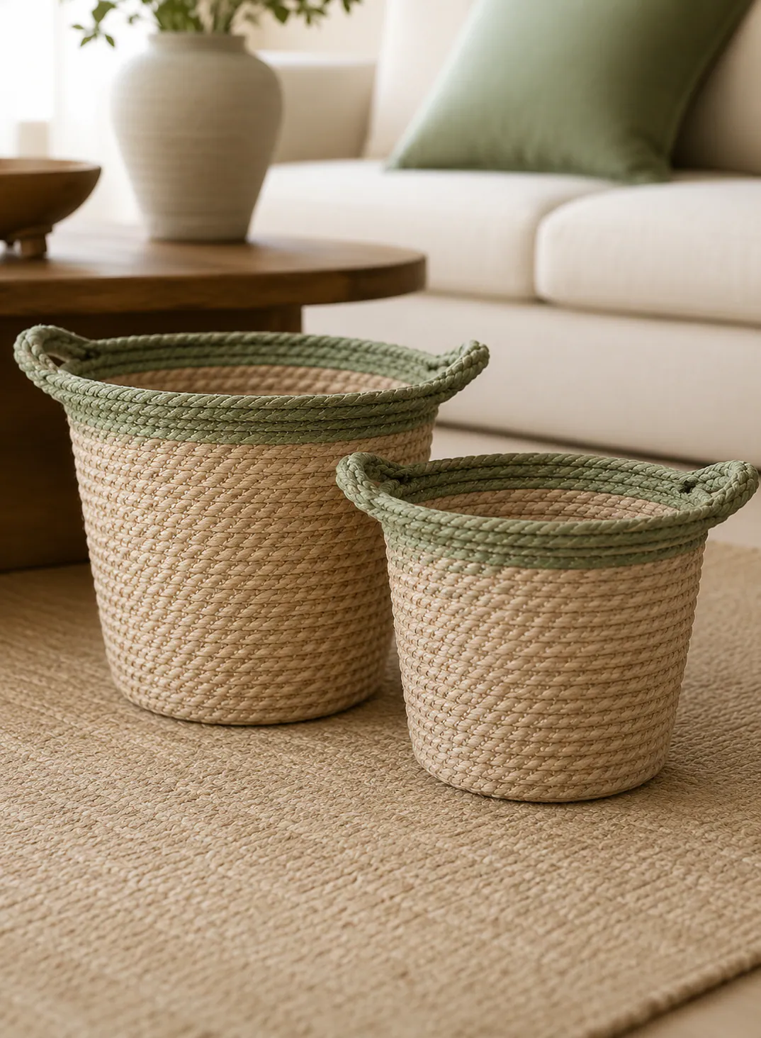 Bamboo Basket Set 2 Pieces – Natural & Green Woven Storage Baskets with Handles