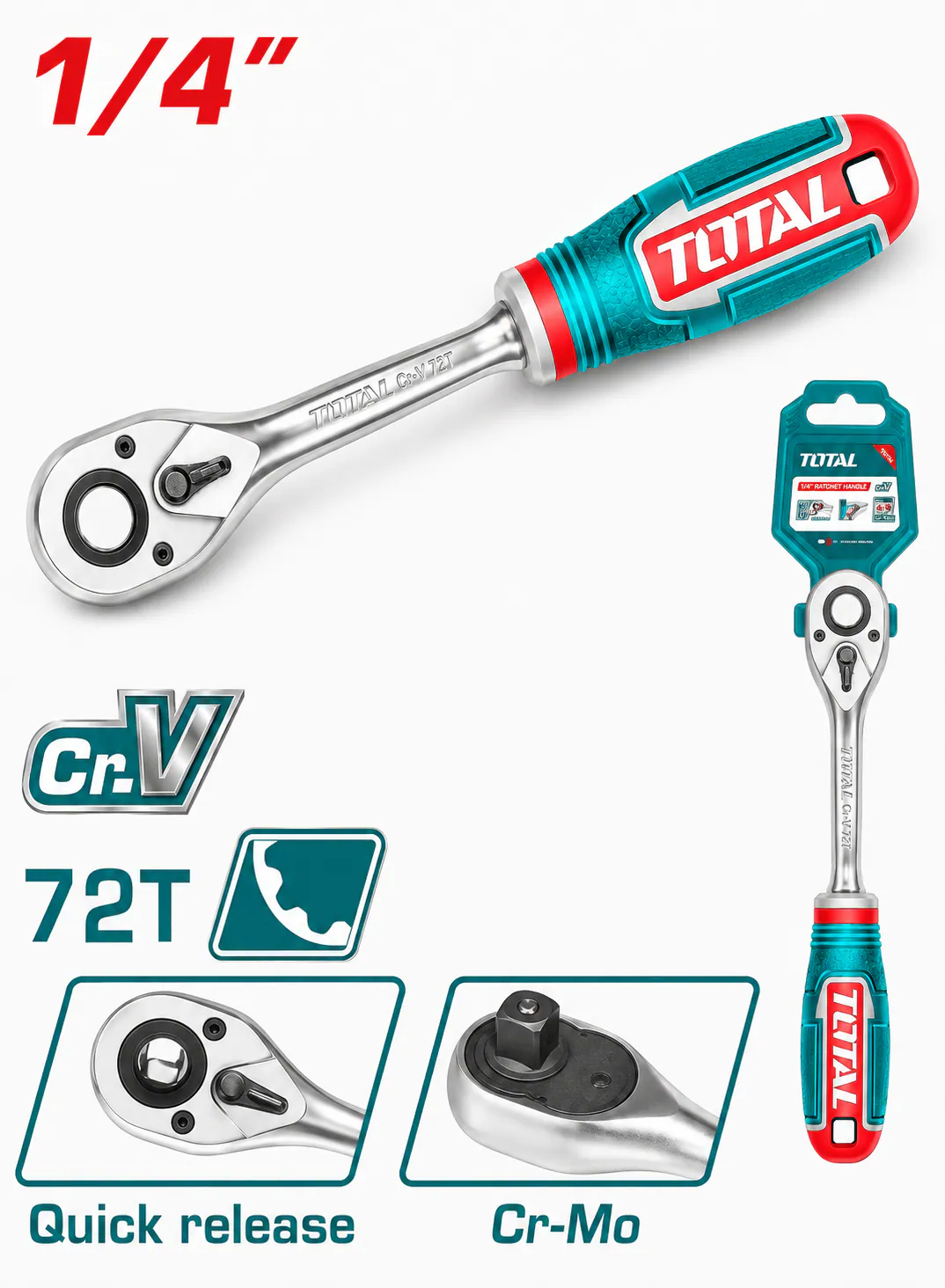 TOTAL 1/4" Ratchet Handle 45T – 158mm | CR-V + CR-MO