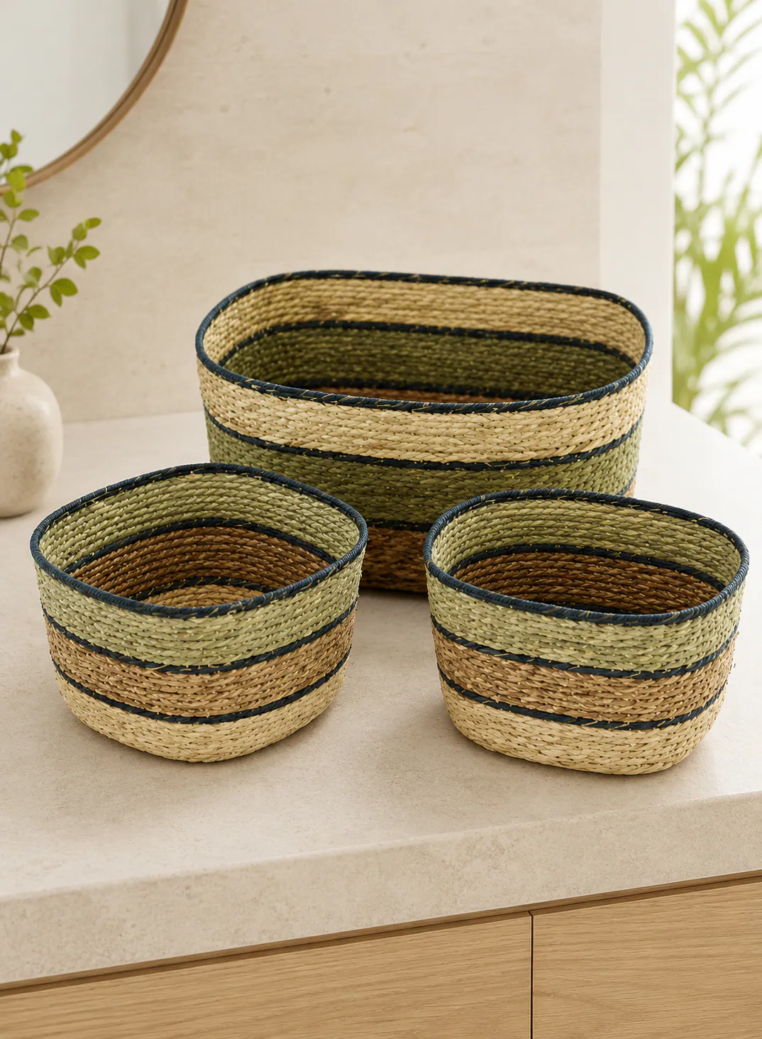 Bamboo Basket Set 3 Pieces – Natural & Green Woven Bathroom Storage Baskets