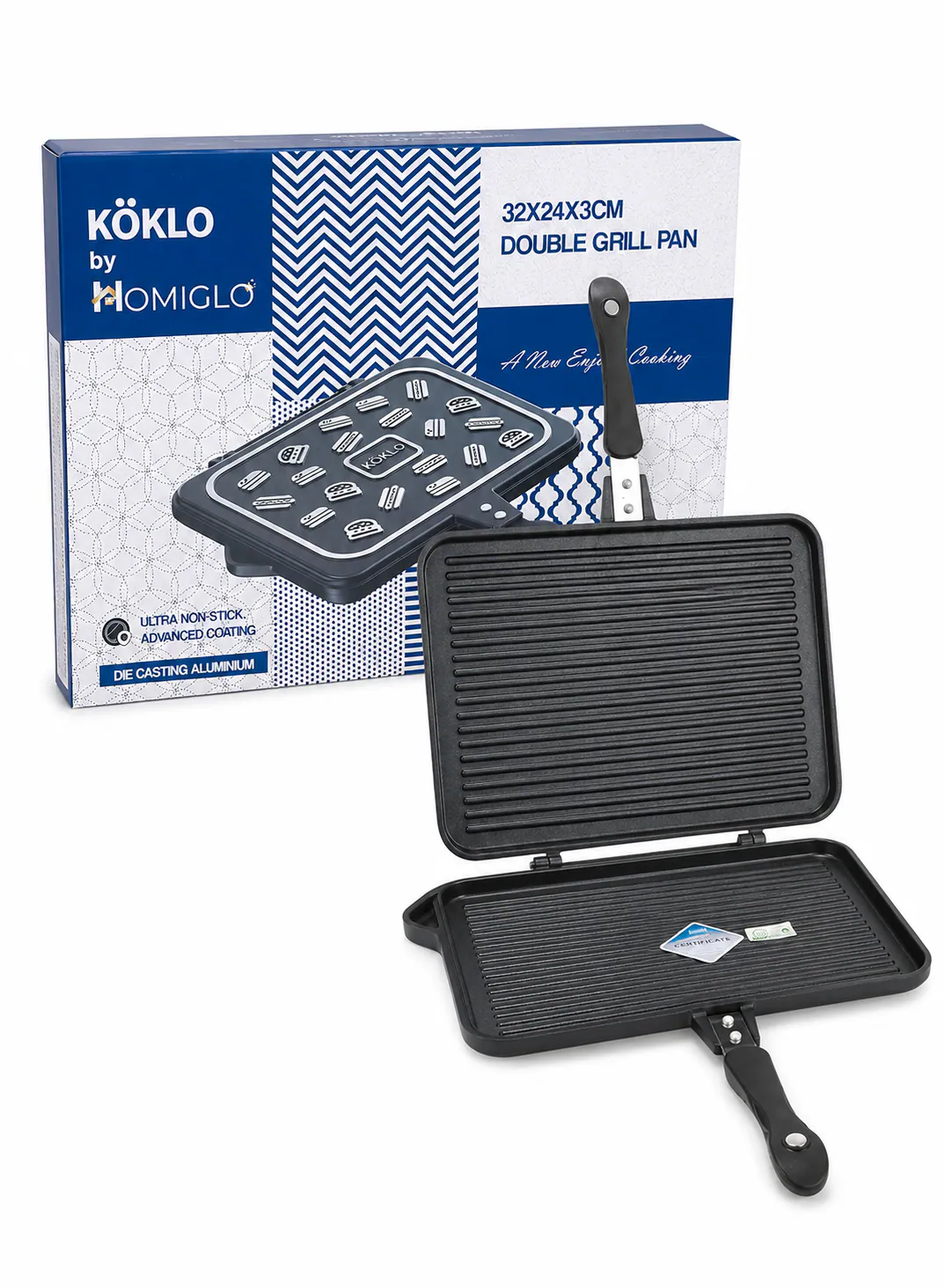 Köklo Double Grill Pan 32 × 24 × 3 cm | Ultra Non-Stick Die-Cast Aluminum