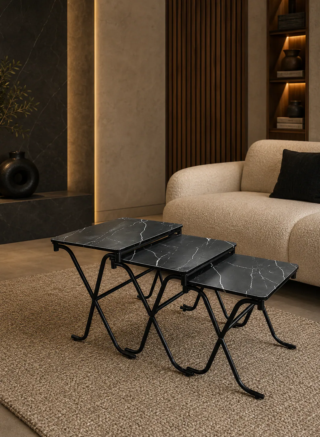 3-Piece Rectangular Turkish Wood Table Set – Black Marble with Black Metal Legs 2