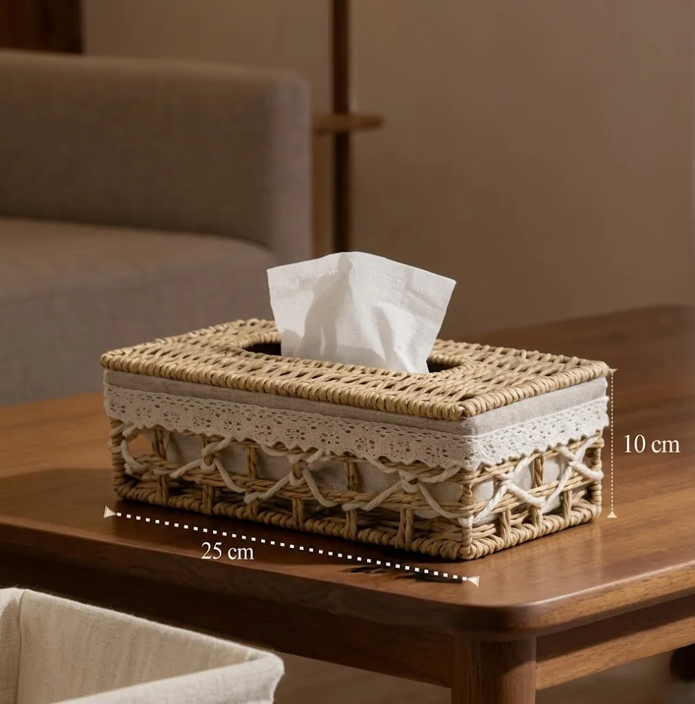 Elegant Handwoven Tissue Box Cover & Storage Basket Set – Natural Wicker with Fabric Lining-3 2