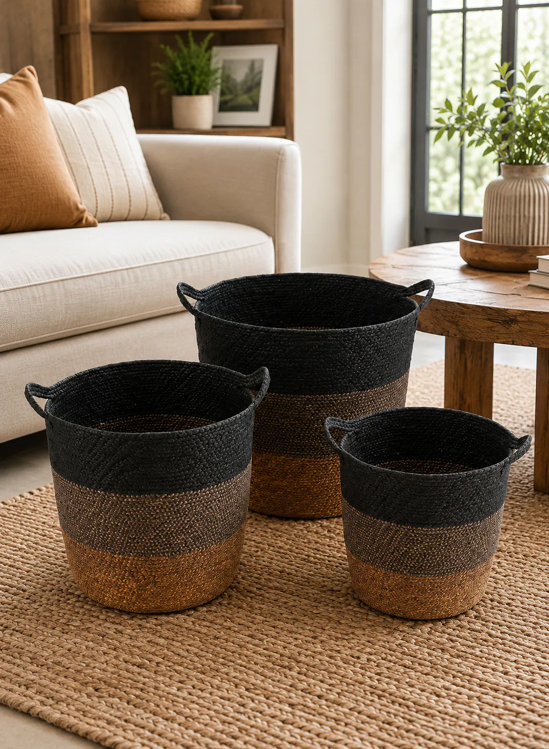 Bamboo Basket Set 3 Pieces – Black & Brown Woven Storage Baskets with Handles