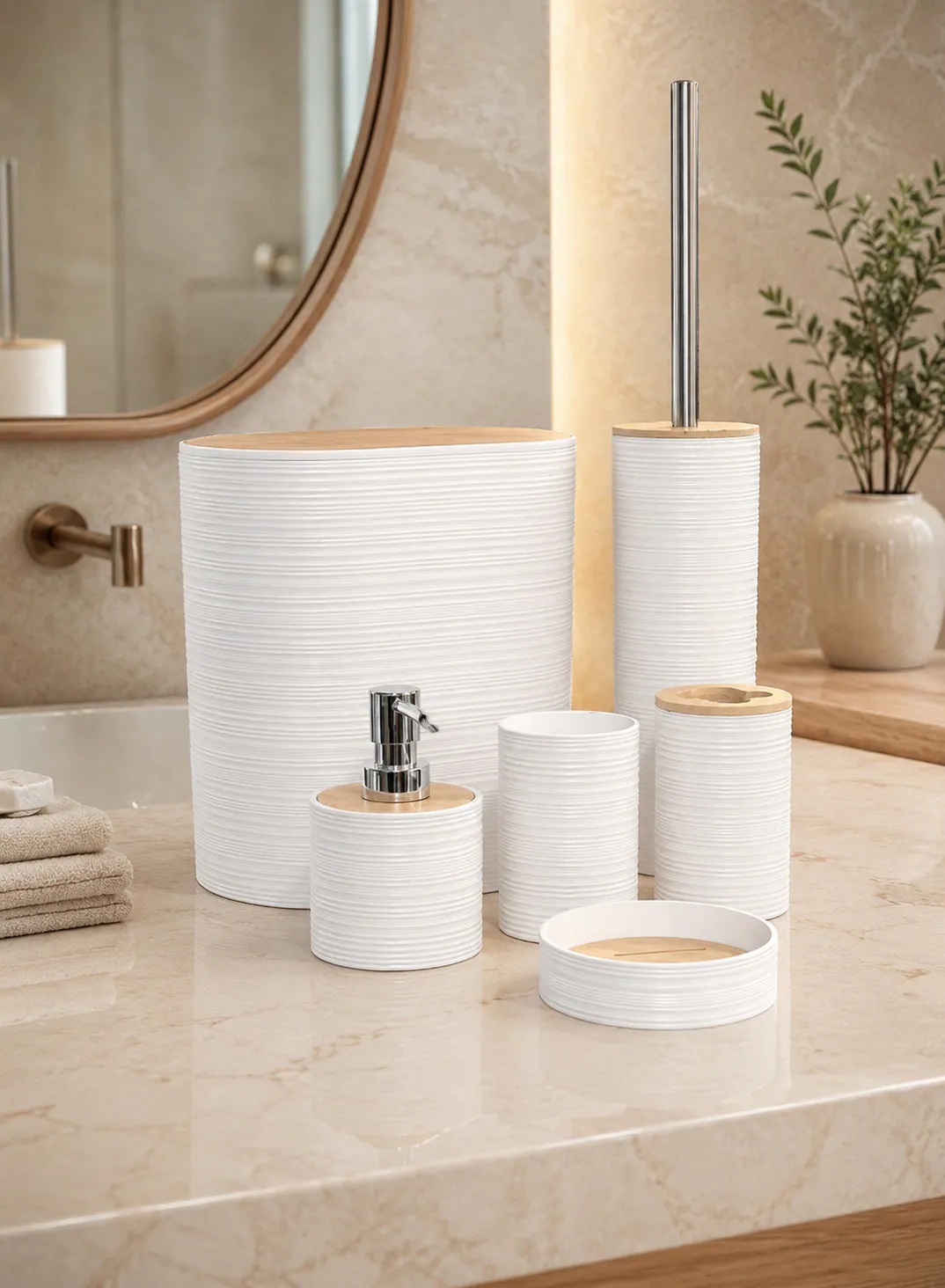 6-Piece Ribbed Bathroom Accessories Set with Bamboo Details – White