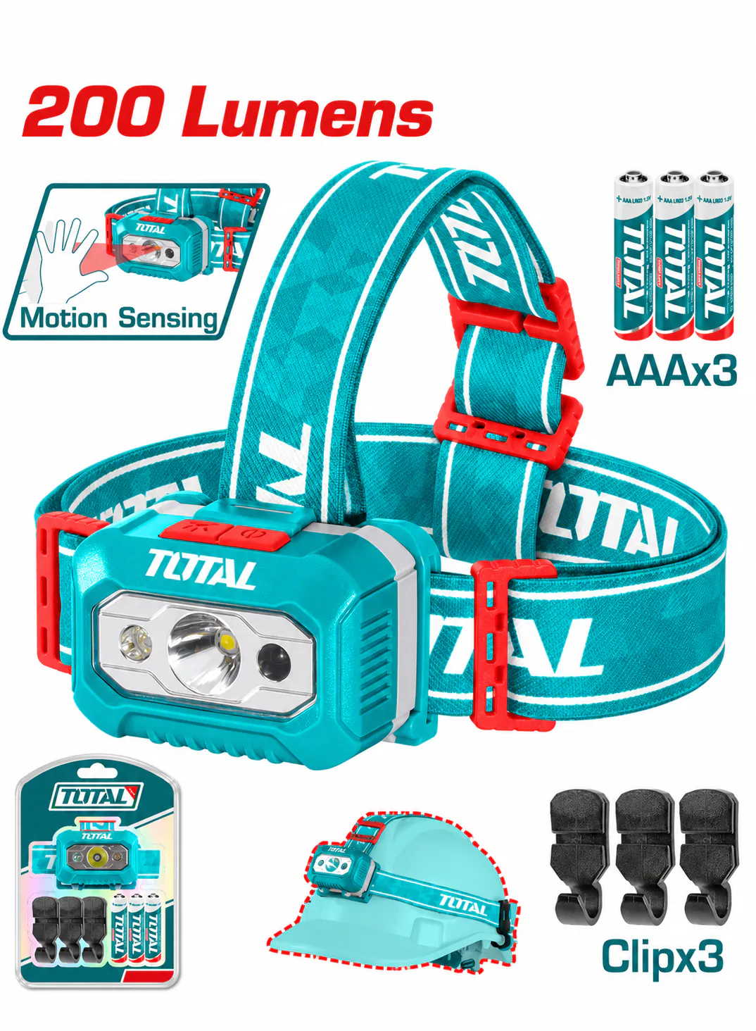 TOTAL 200 Lumens LED Headlamp – Motion Sensor – Hands-Free Headlight – Adjustable Head Strap – 3 AAA Batteries & 3 Helmet Clips Included