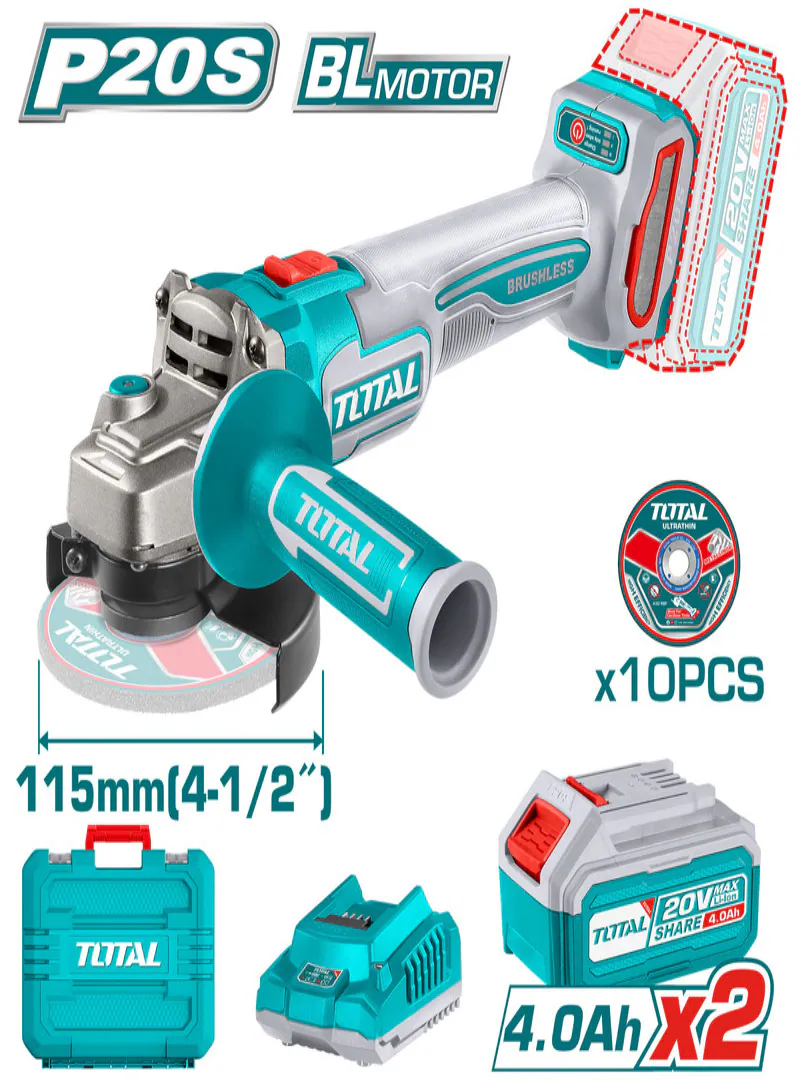 Total 20V Brushless Cordless Angle Grinder 1000W with 2×4.0Ah Batteries