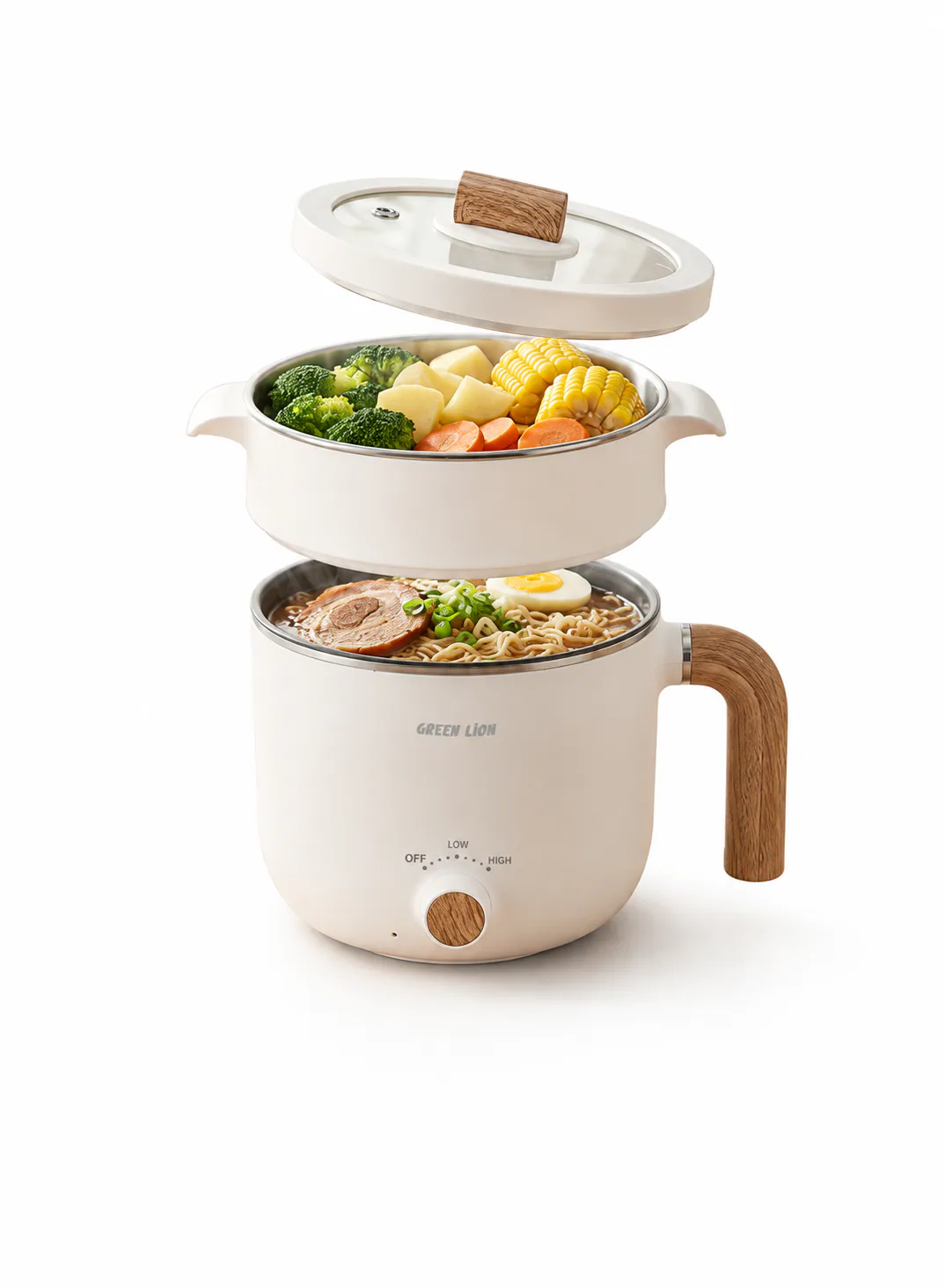 Green Lion Quickpot Electric Cooker 1.5L 600W with Steamer Basket, Egg Tray & 2-Level Heat Control – White