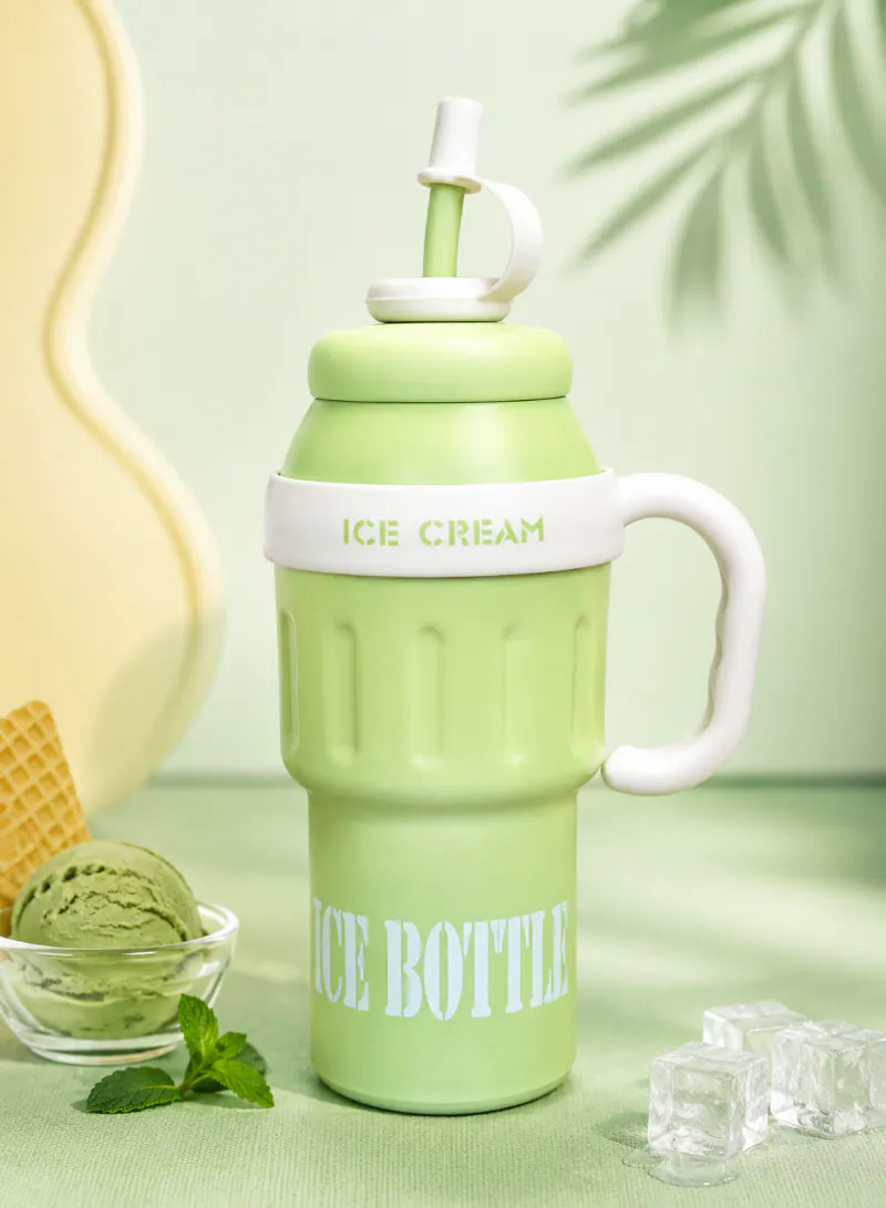 Ice Bottle Water Bottle with Straw & Handle – Portable Green Drink Bottle for Daily Use