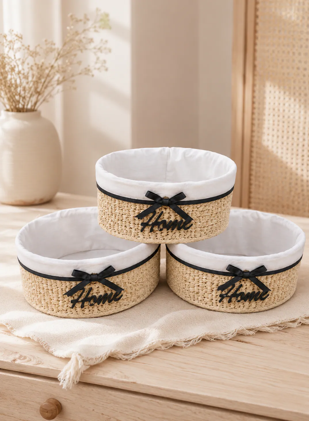 Bamboo Basket Set 3 Pieces – Round Natural Woven Storage Baskets with Fabric Lining