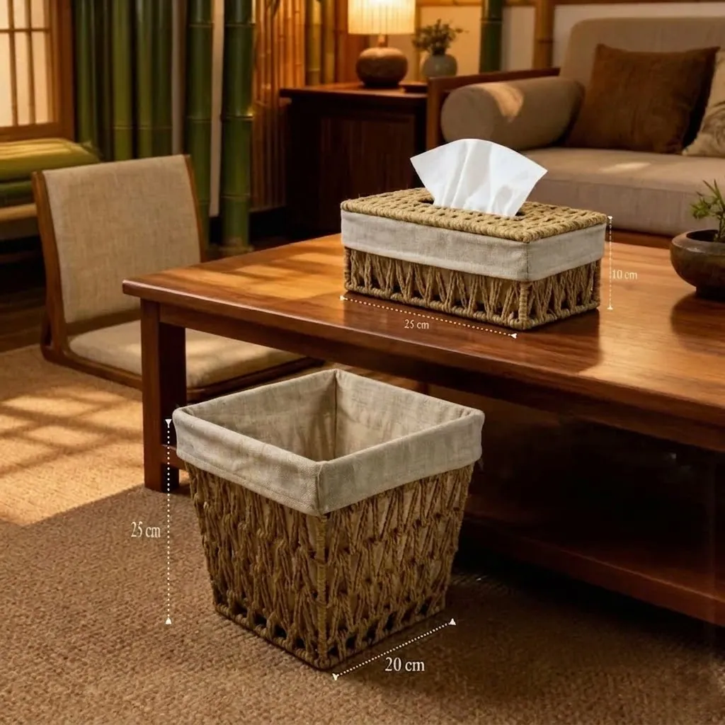 Elegant Handwoven Tissue Box Cover & Storage Basket Set – Natural Wicker with Fabric Lining-2