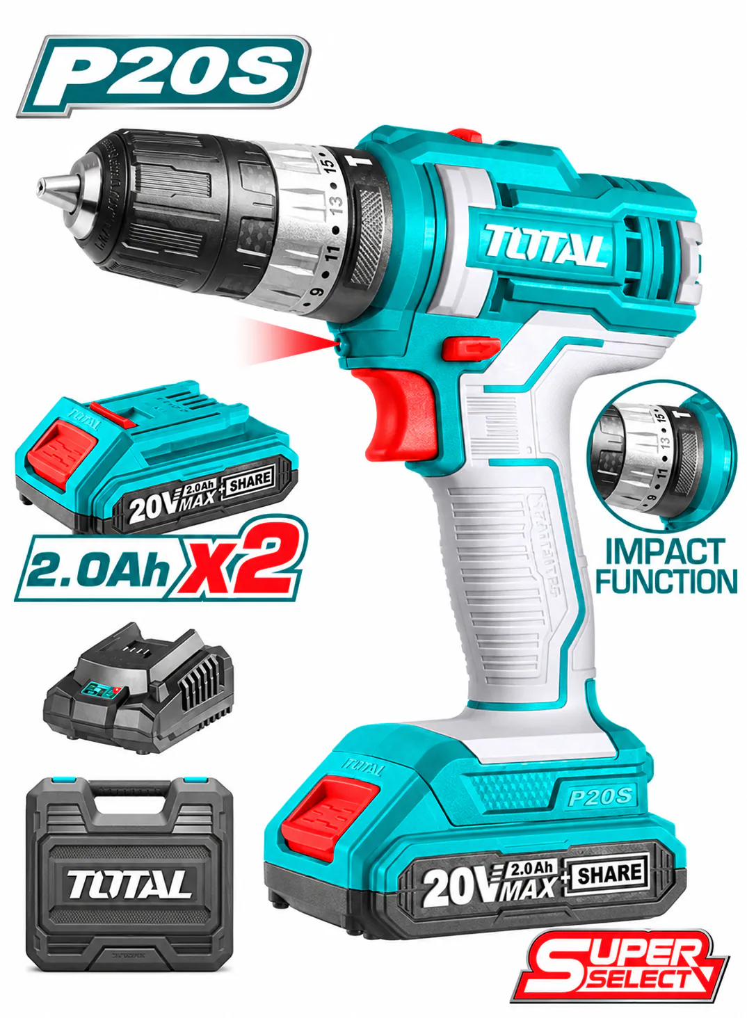 TOTAL 20V Cordless Hammer Drill Driver – 10mm Chuck – 2 × 2.0Ah Lithium-Ion Batteries – Charger & Carrying Case – P20S