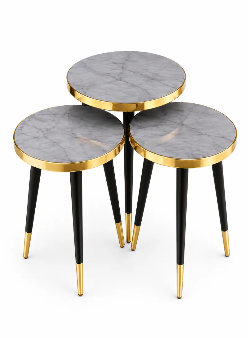 3-Piece Nesting Table Set – Grey Marble-Effect Top with Gold & Black Metal Legs