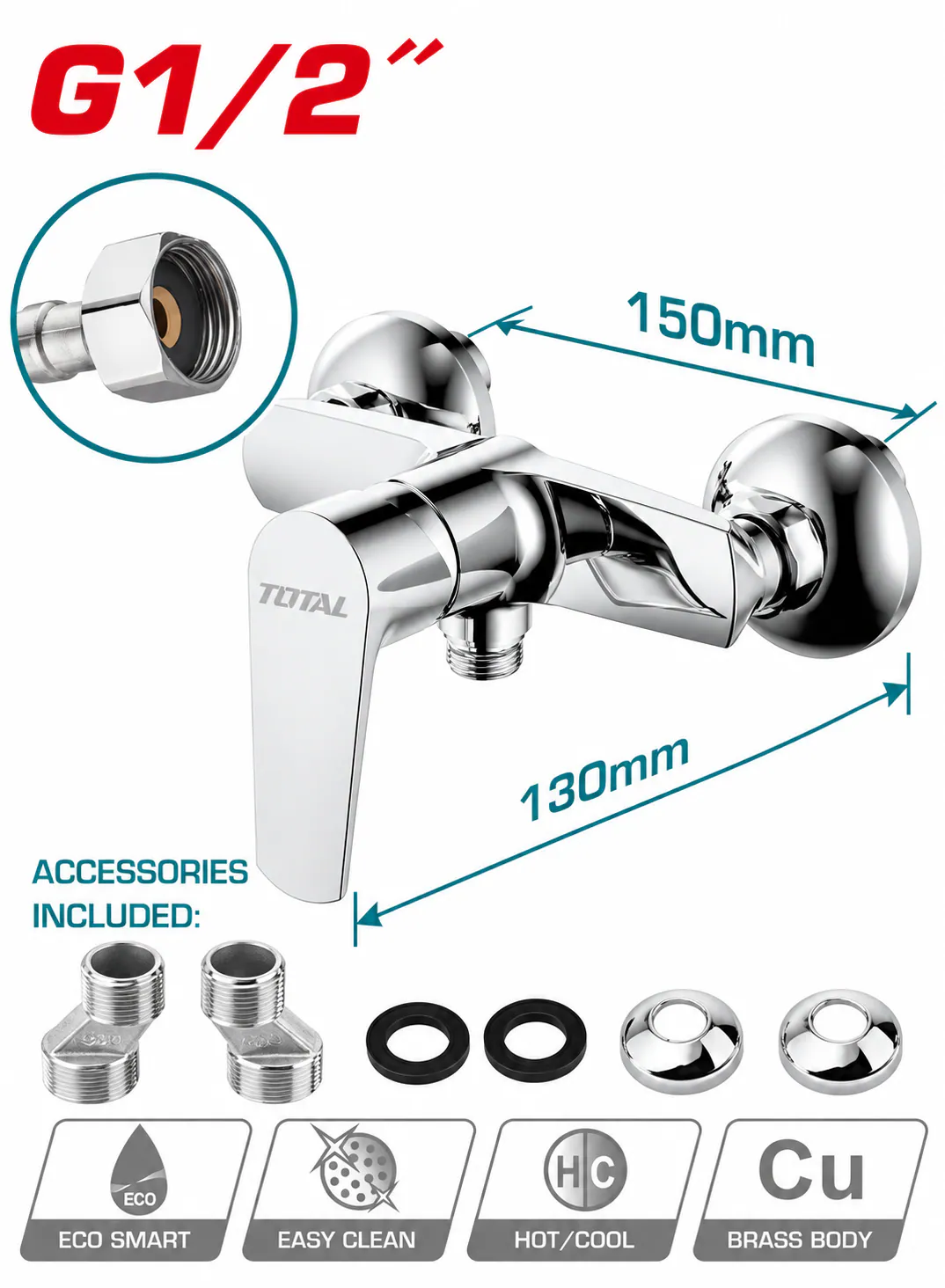 TOTAL Vitas Wall-Mounted Shower Mixer Tap – G1/2" Connection – Brass Body – 150mm Center Distance – Chrome Finish – Single Lever Hot & Cold Water Mixer