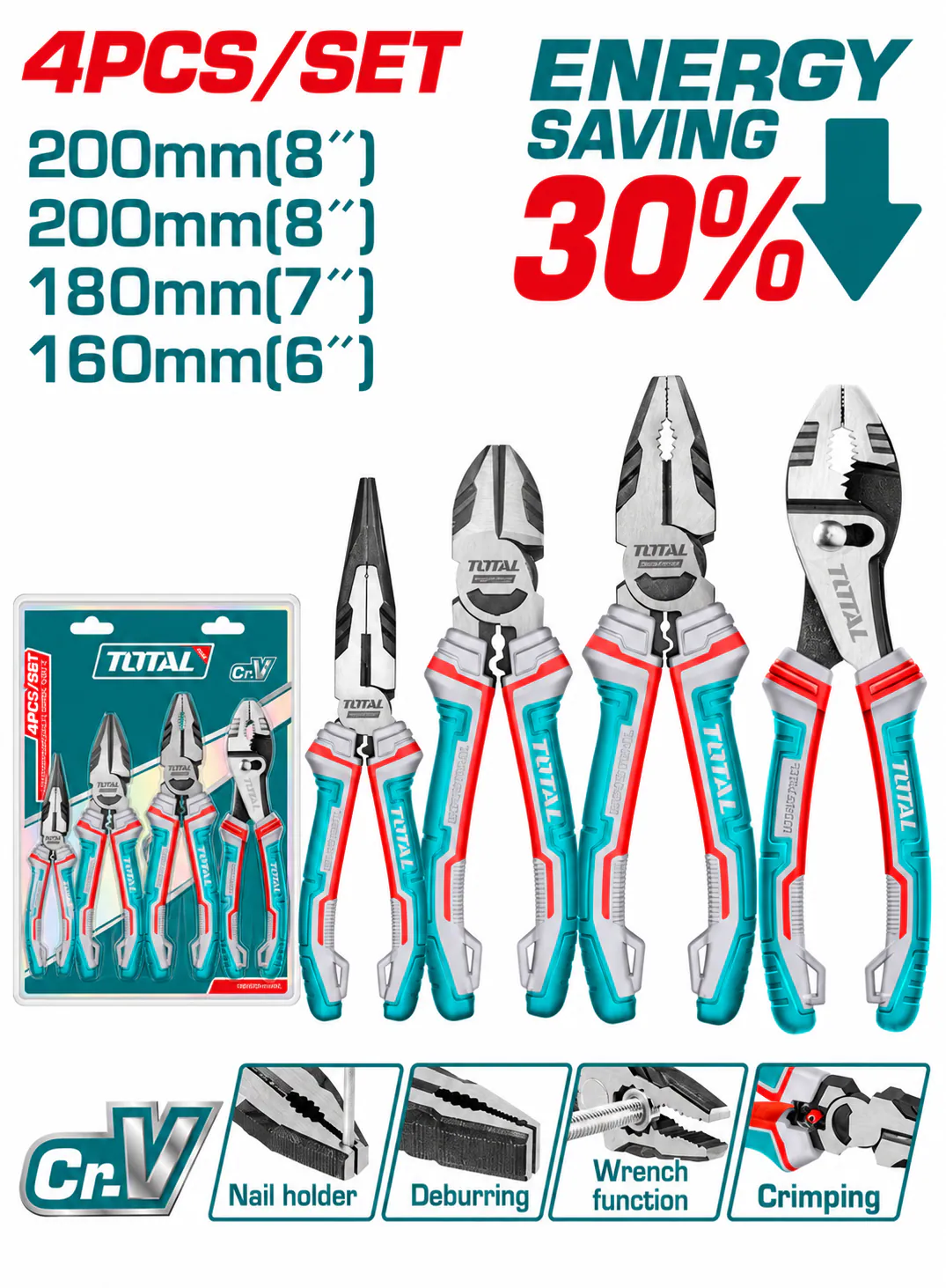 TOTAL Industrial 4-Piece Multifunction Pliers Set – Cr-V Steel
