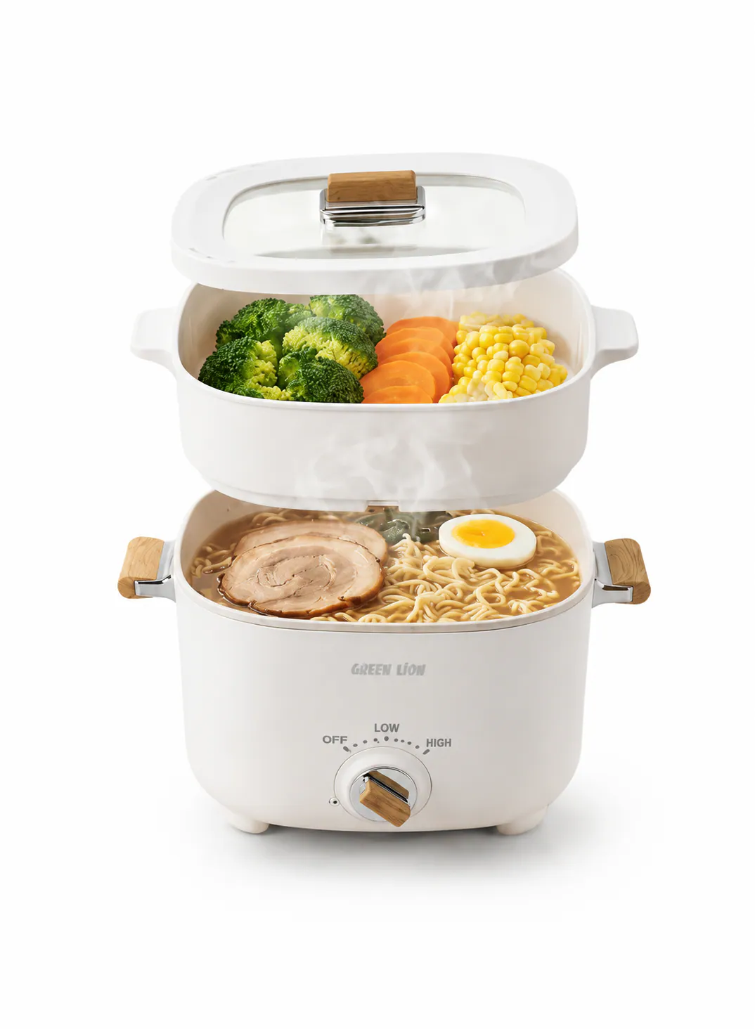 Green Lion Multi-Pot Electric Cooker 2.5L 1000W with Ceramic Coating, Steamer Basket & 2-Level Heat Control – White