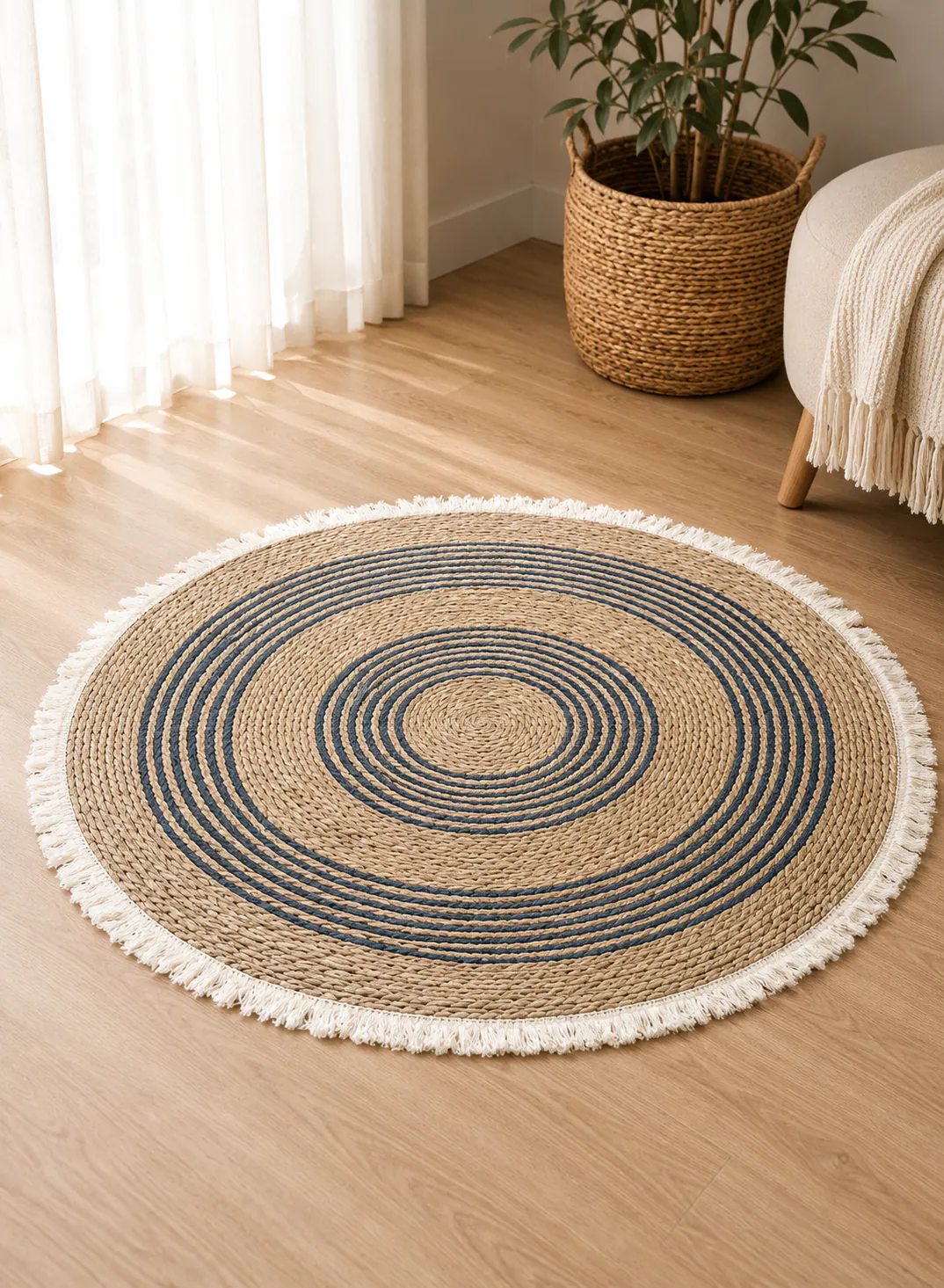 Seagrass Mat 100cm – Round Natural Woven Floor Mat with Blue Spiral Design