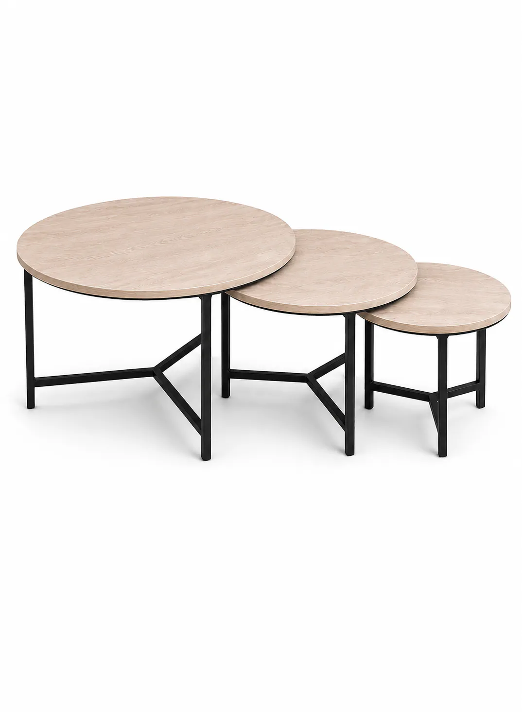 3-Piece Round Turkish Wood Nesting Table Set – Beige Wood & Black Metal