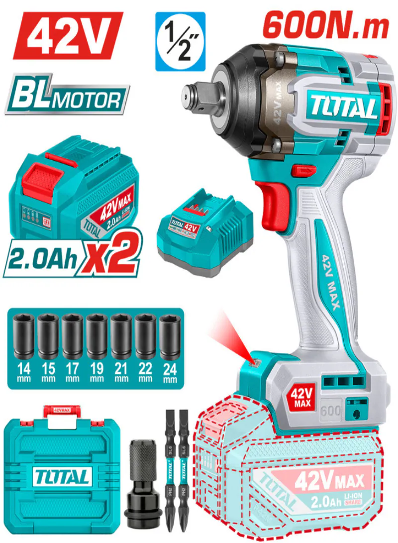 TOTAL 42V Brushless Cordless Impact Wrench with 2 Batteries & Carrying Case – 600Nm