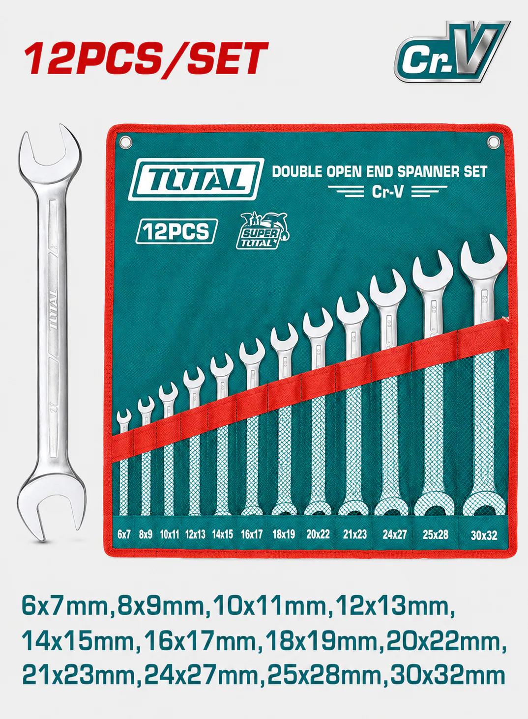 TOTAL 12-Piece Double Open-End Spanner Set 6–32mm with Canvas Bag