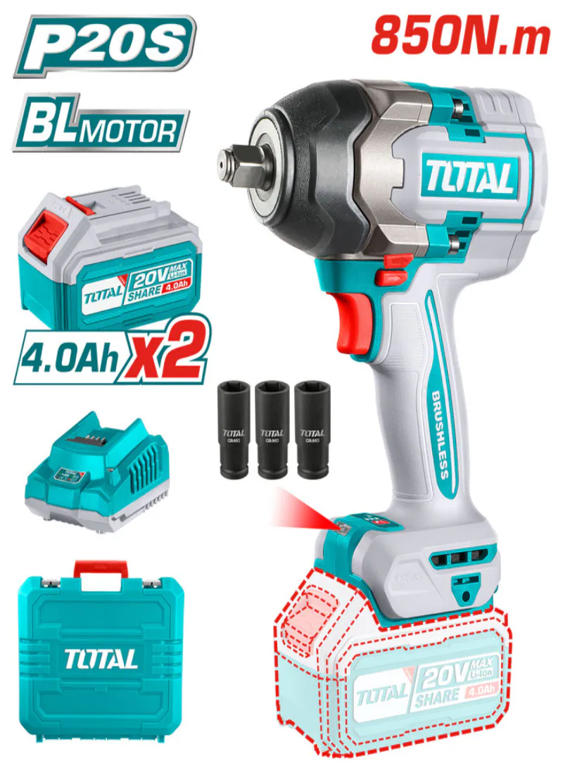 Total 20V Brushless Cordless Impact Wrench 1/2" 850Nm with 2×4.0Ah Batteries