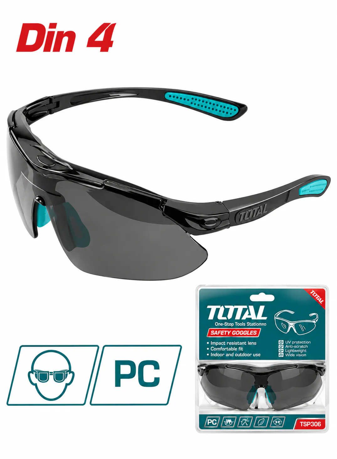 TOTAL TSP306 Black Tinted Safety Glasses – DIN 4 – Polycarbonate (PC) Lenses – Lightweight Protective Eyewear – Ergonomic Non-Slip Frame – Industrial Eye Protection