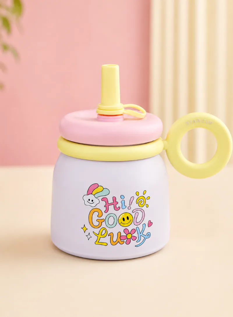 Kids Insulated Water Bottle with Straw & Ring Handle – Stainless Steel Vacuum Tumbler with Cute Smiley Flower Design