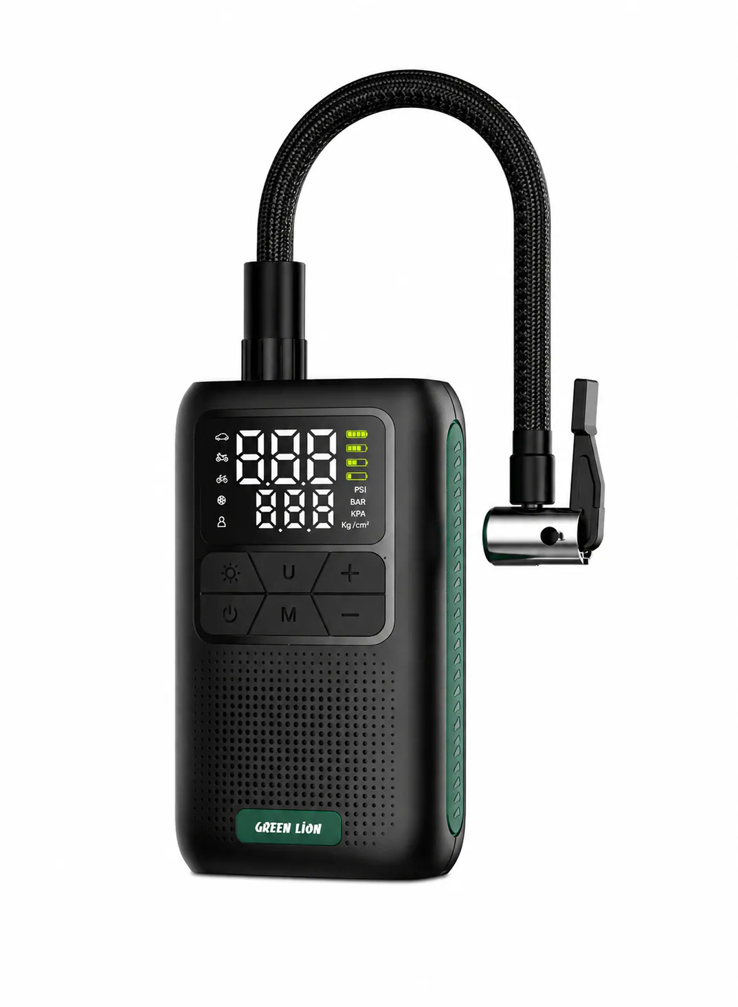 Green Lion GL-A4 Portable Tire Inflator 150 PSI with 4000mAh Battery, Digital Display & Power Bank – Black