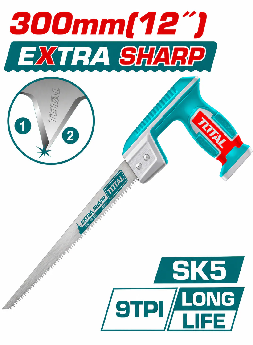 TOTAL 12" (300mm) Extra Sharp Hand Saw – SK5 High-Carbon Steel Blade – 9 TPI – Long-Life Cutting Teeth – Ergonomic Non-Slip Handle – Professional Manual Saw