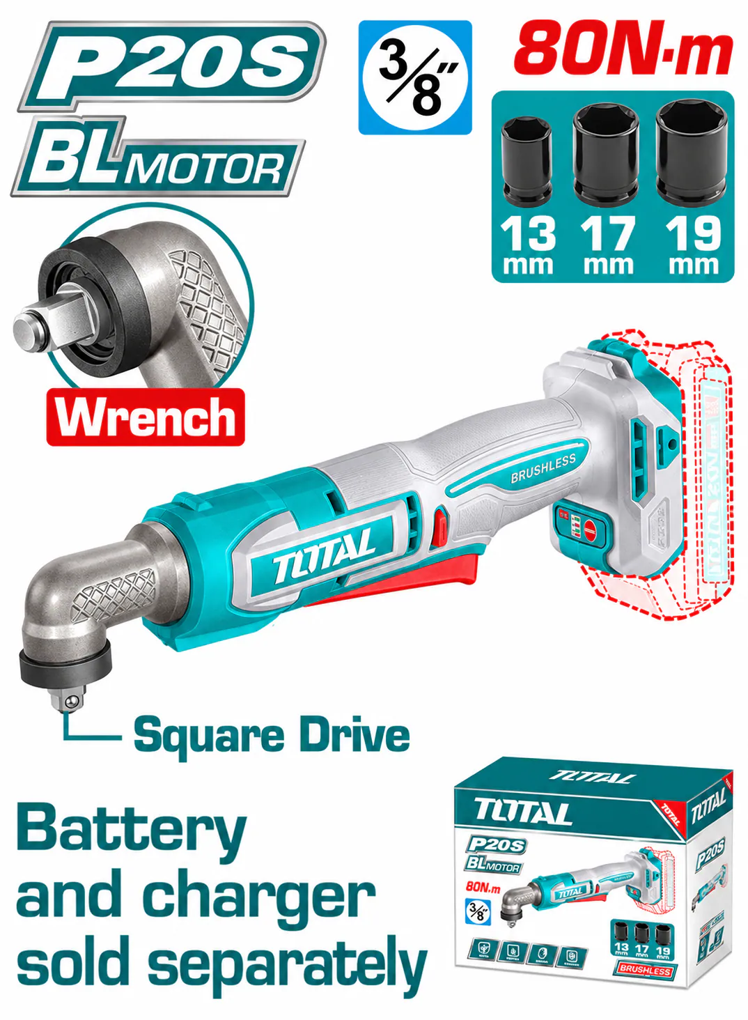 TOTAL 20V Brushless Cordless Right-Angle Ratchet Wrench – 3/8", 80Nm (Tool Only)