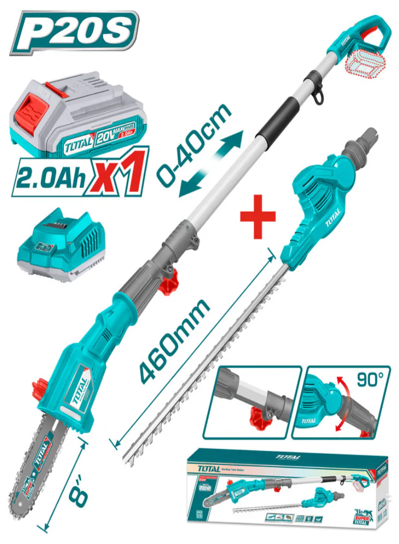 Total 20V 2-in-1 Cordless Pole Hedge Trimmer & Pole Saw with 2.0Ah Battery & Charger