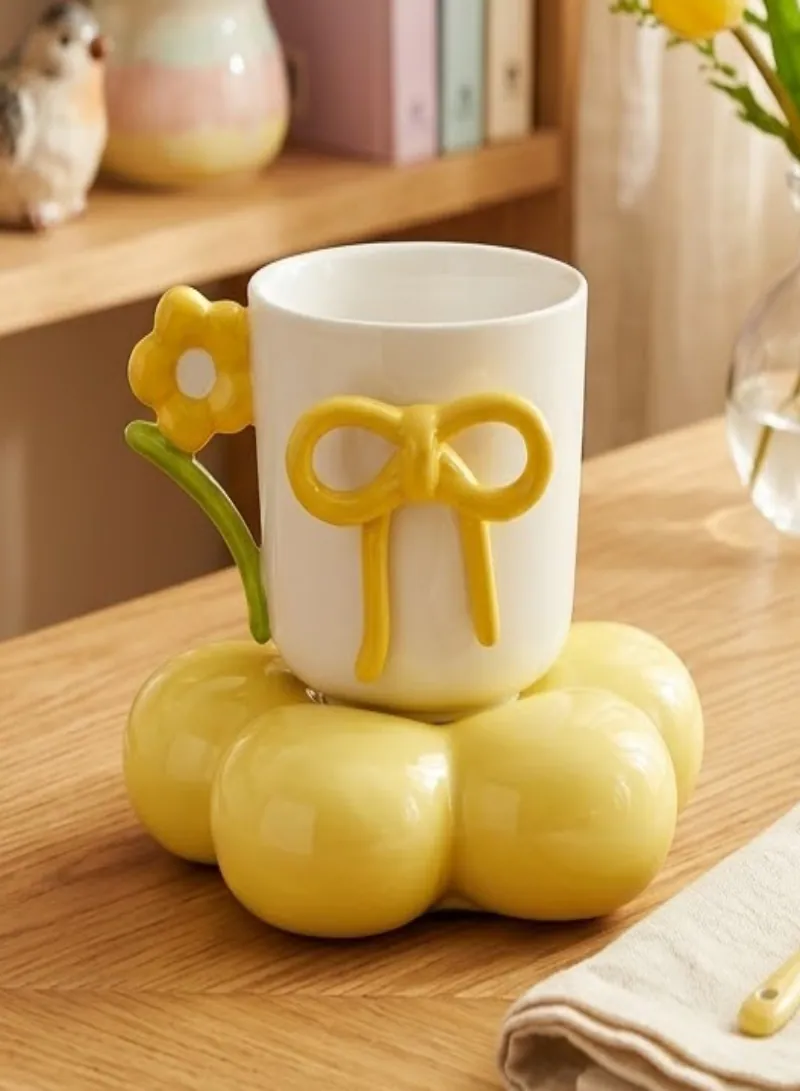 260ml Cute Ceramic Mug with Bow & Flower Design