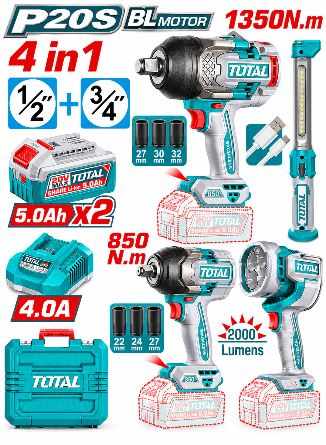 TOTAL 20V Cordless 4-Piece Combo Tool Kit