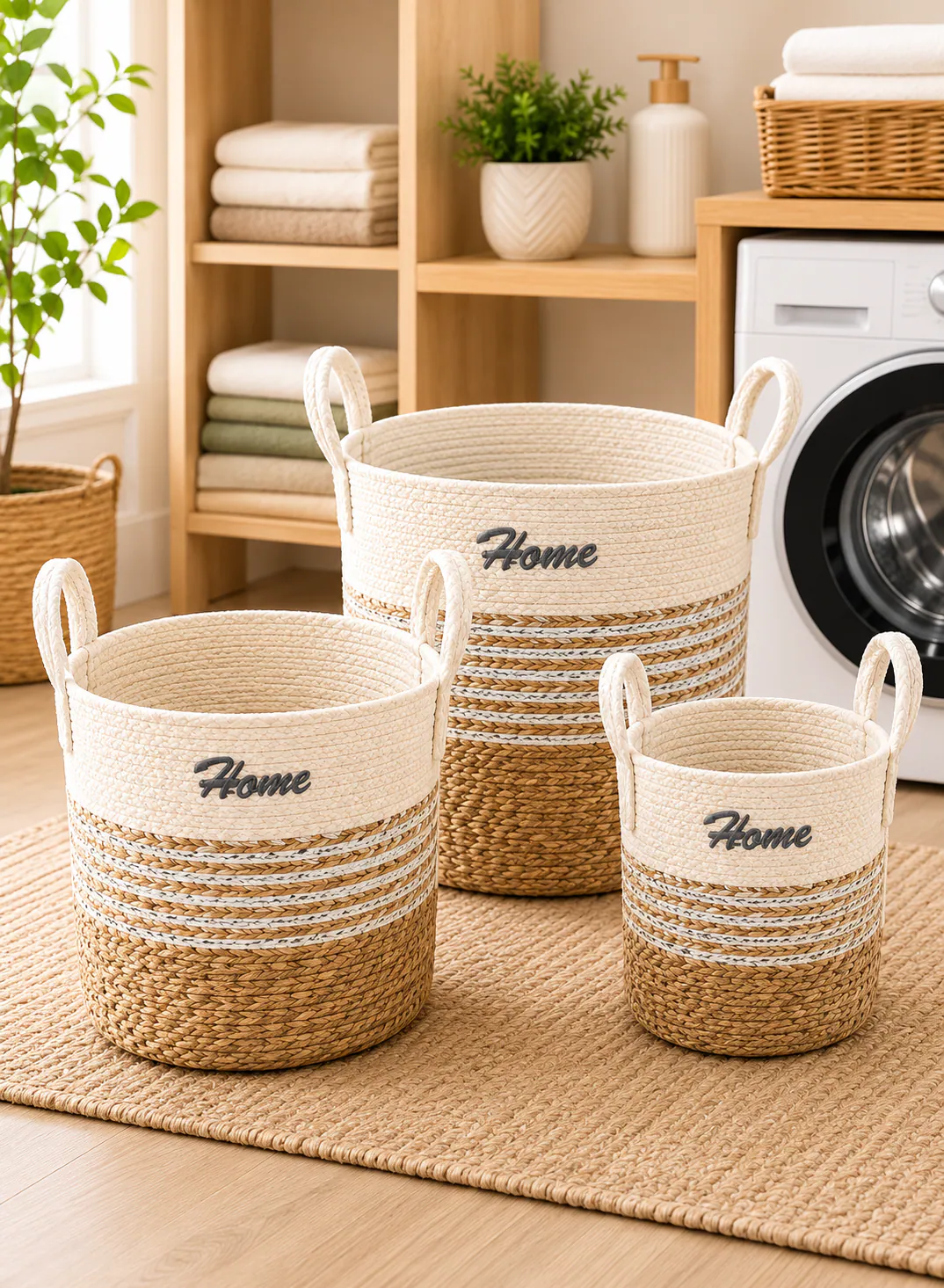 Seagrass Basket Set 3 Pieces – Natural & White Woven Laundry Storage Baskets with Handles