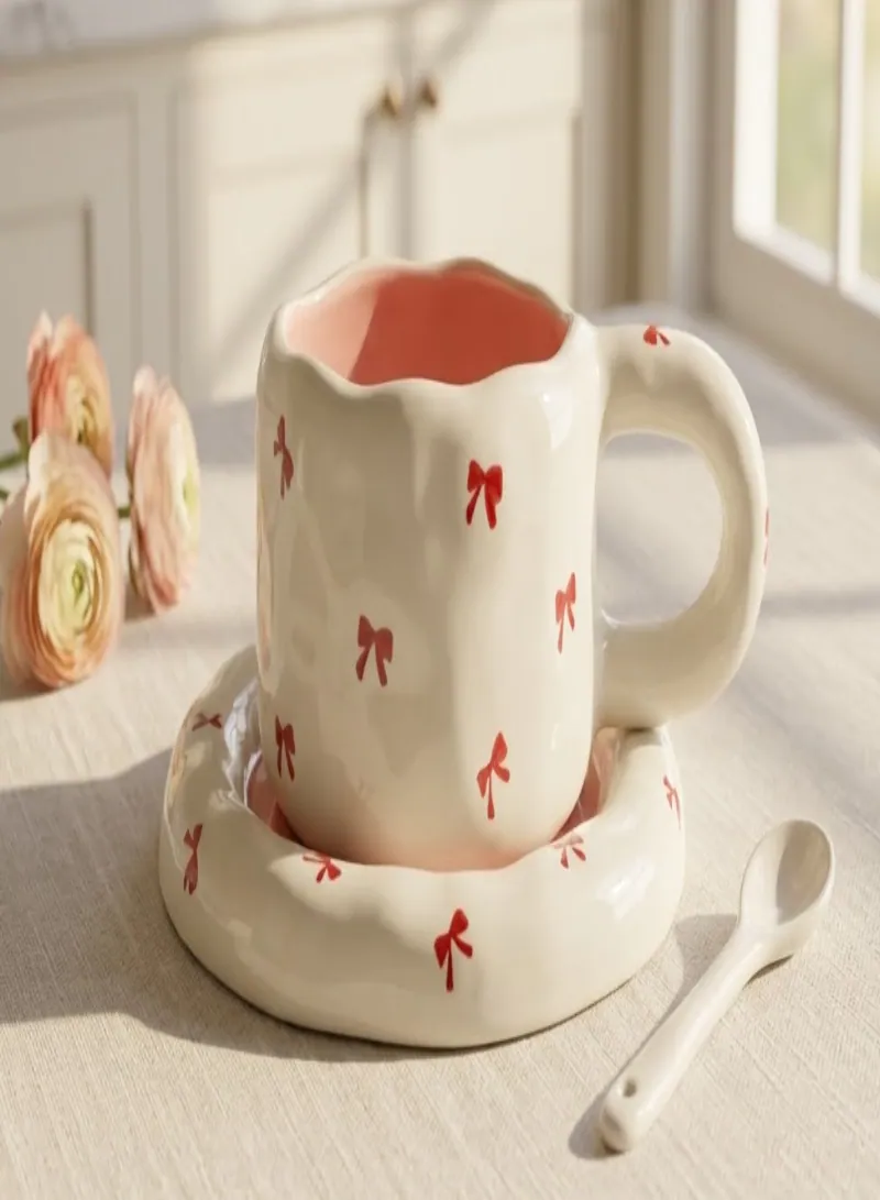 260ml Ribbon Ceramic Mug & Deep Plate Set