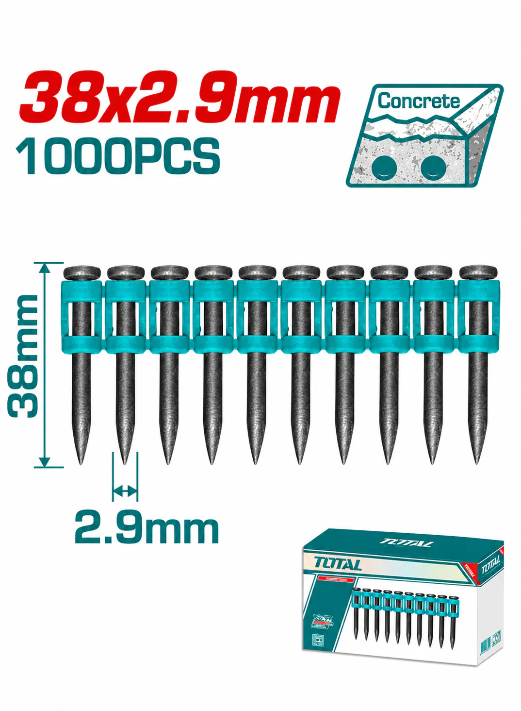TOTAL 1000-Piece Concrete Steel Nails for Cordless Nail Gun – 38 × 2.9mm