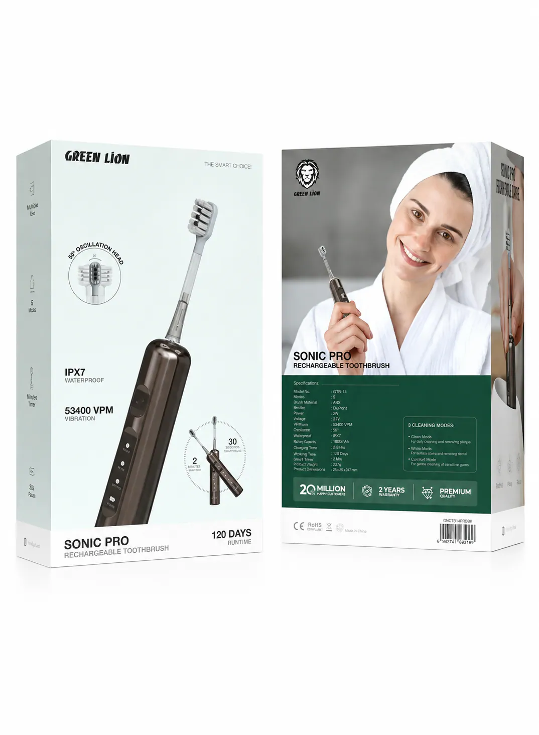 Green Lion Sonic Pro Rechargeable Toothbrush with 53,400 VPM, 3 Brush Heads & 120-Day Runtime – Brown 2