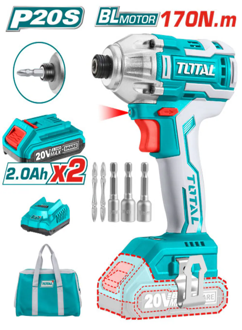 Total 20V Brushless Cordless Impact Driver with 2×2.0Ah Batteries