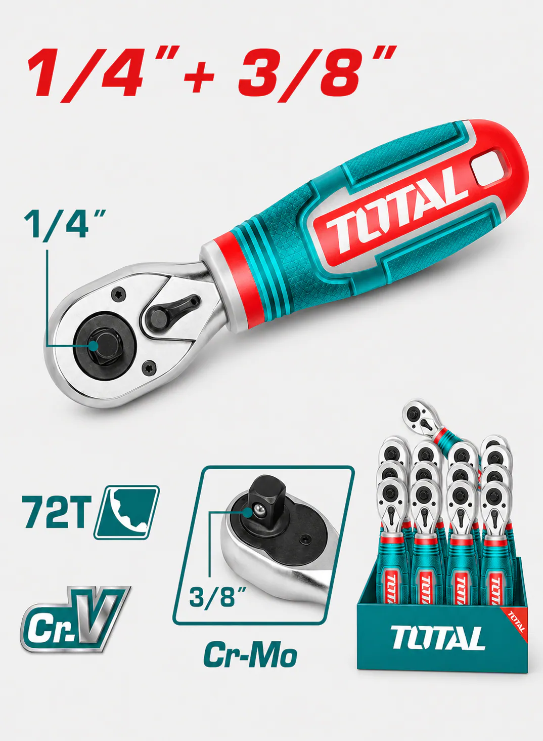 TOTAL 2-in-1 Stubby Ratchet Handle 1/4" + 3/8" Drive – 72T, 140mm | CR-V + CR-MO