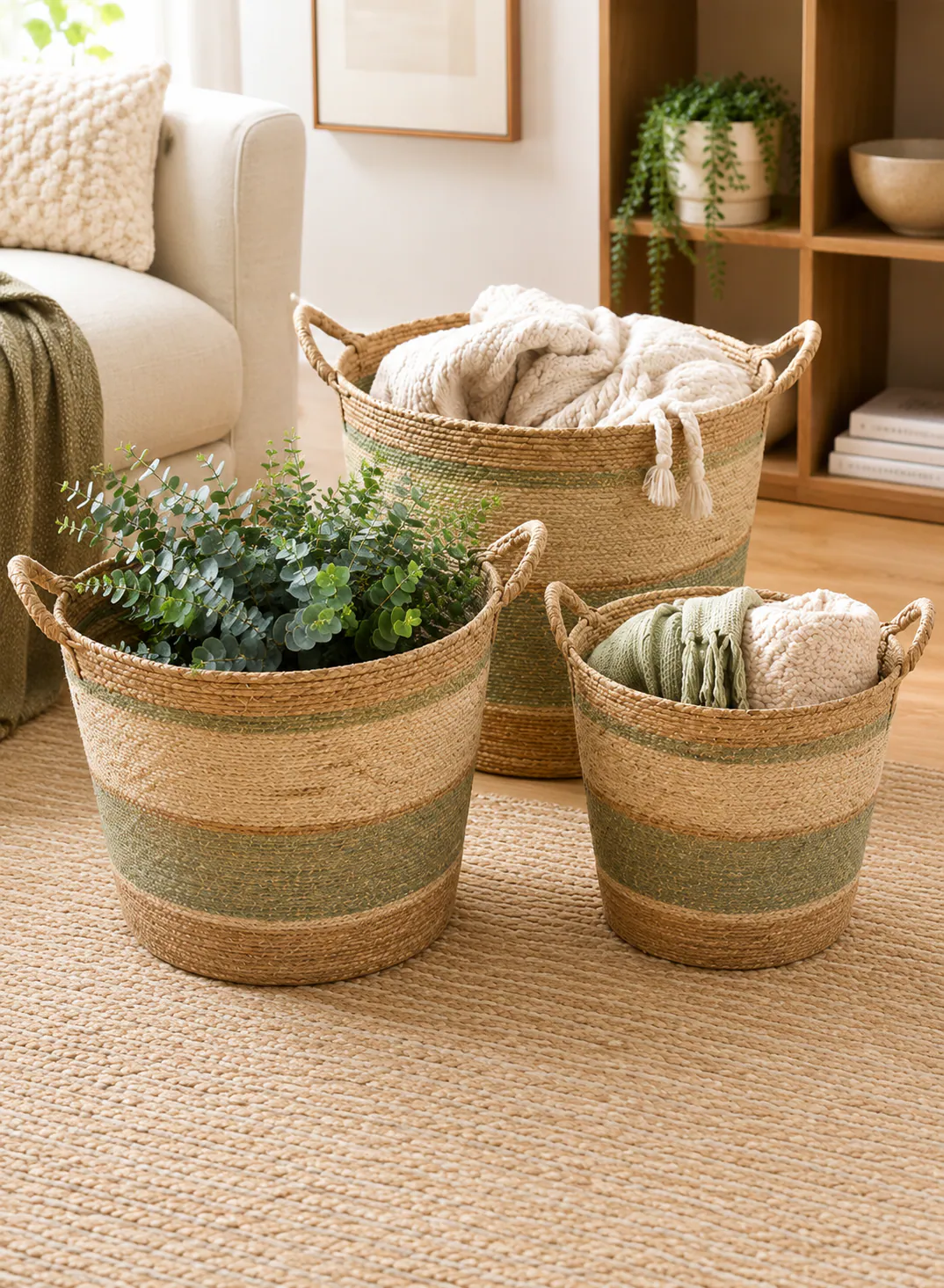 Bamboo Basket Set 3 Pieces – Natural & Green Woven Storage Baskets with Handles