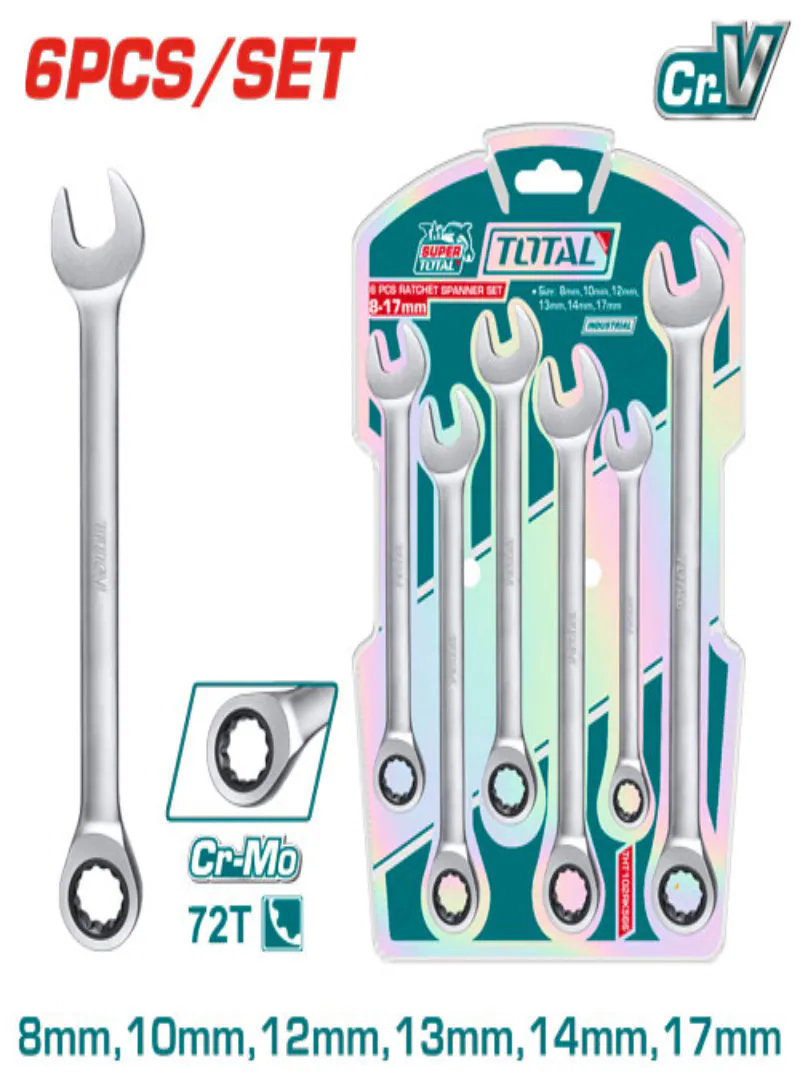 TOTAL 6-Piece Ratchet Combination Spanner Set – 8–17mm