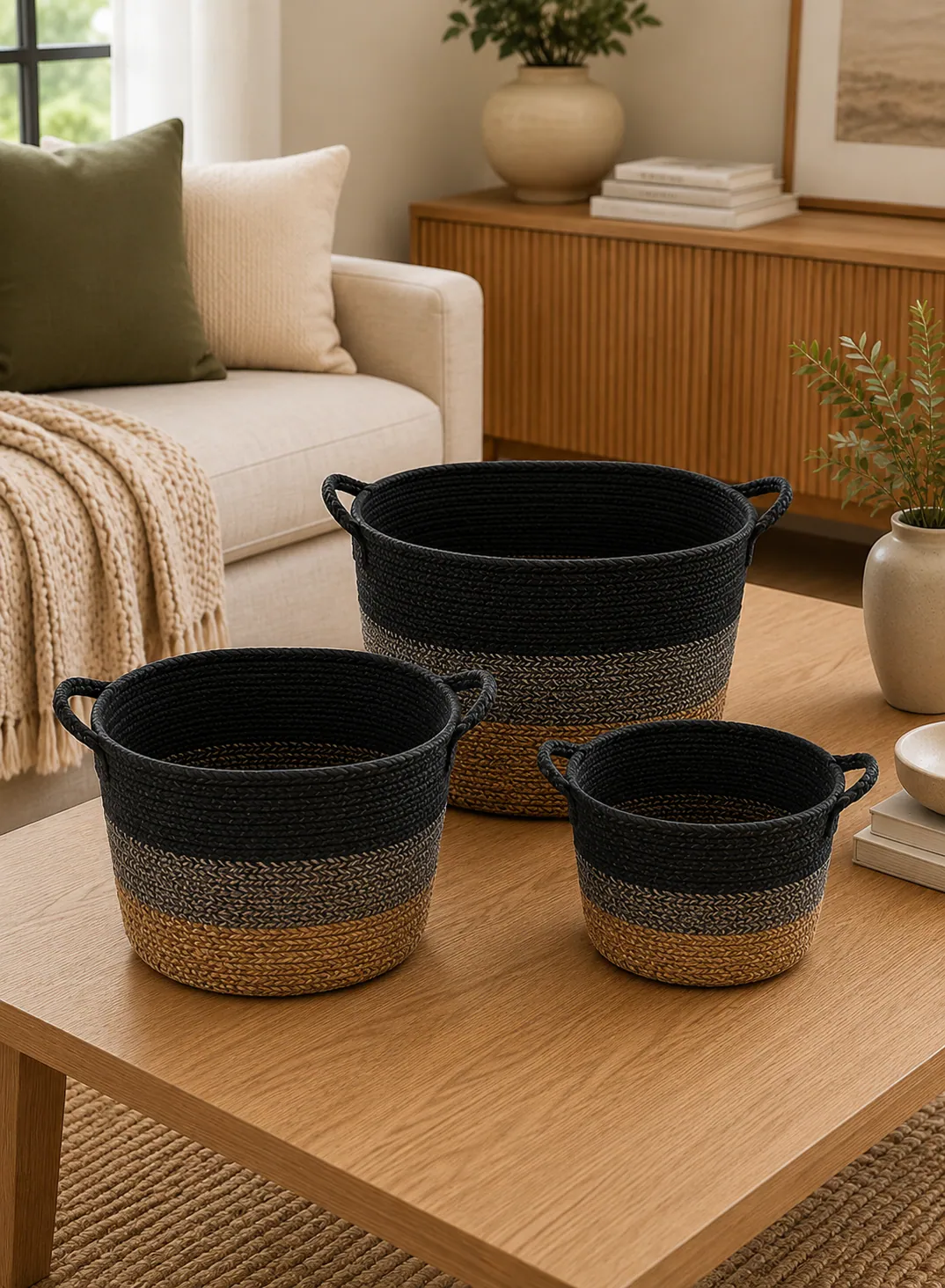 Bamboo Basket Set 3 Pieces – Black, Grey & Brown Woven Storage Baskets with Handles