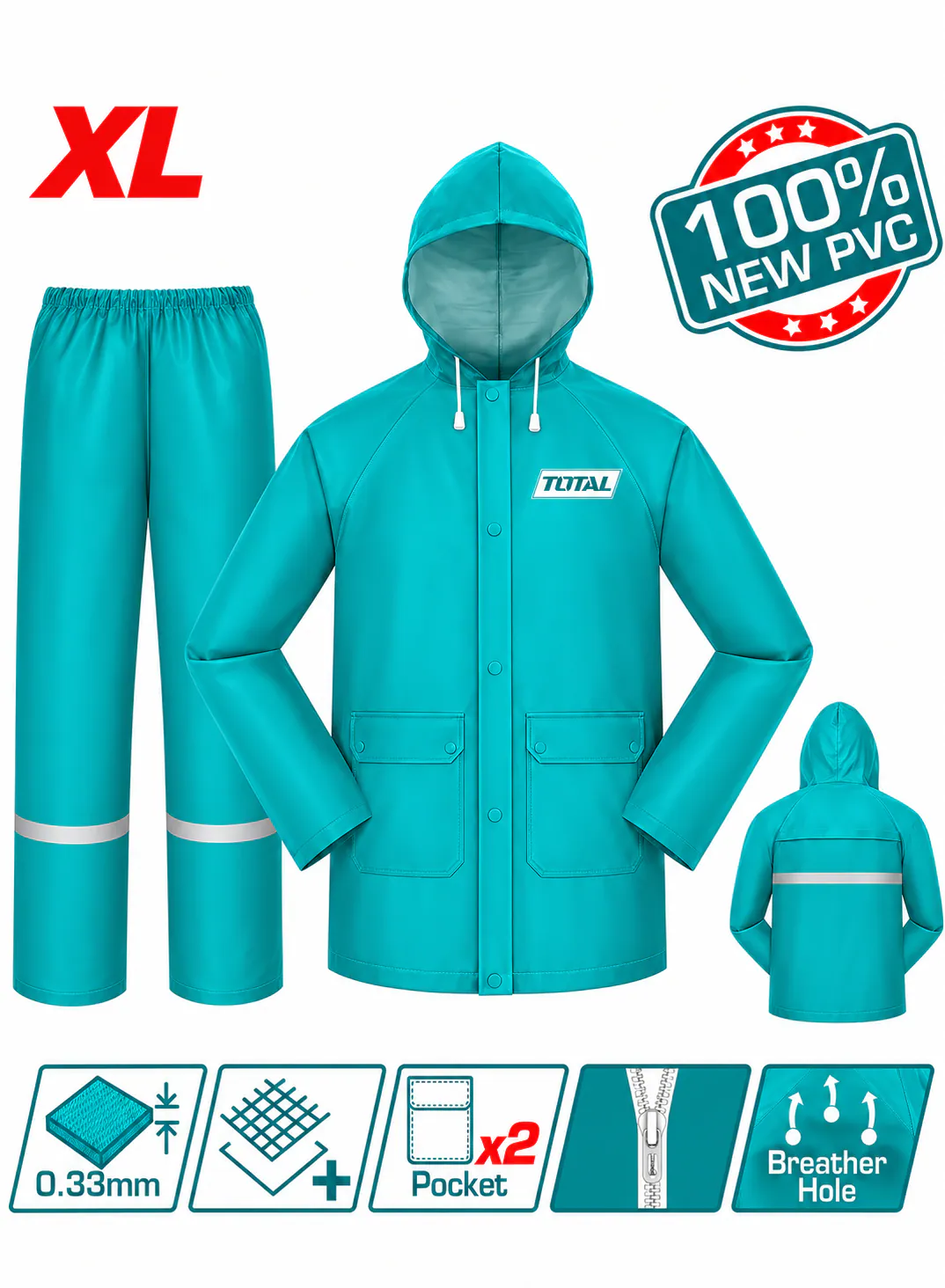 TOTAL XL Waterproof Rain Suit – 100% PVC – 0.33mm Thickness – 2-Piece Rain Jacket & Pants Set – Hooded Raincoat with Reflective Strips – Heavy-Duty Protective Rainwear