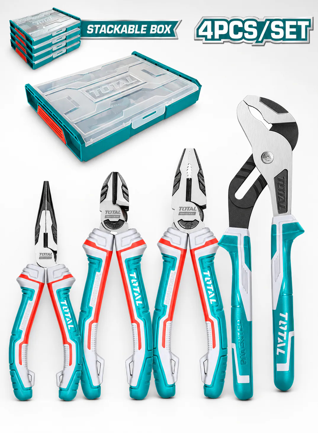 TOTAL 4-Piece Industrial High-Leverage Pliers Set with Stackable Plastic Box